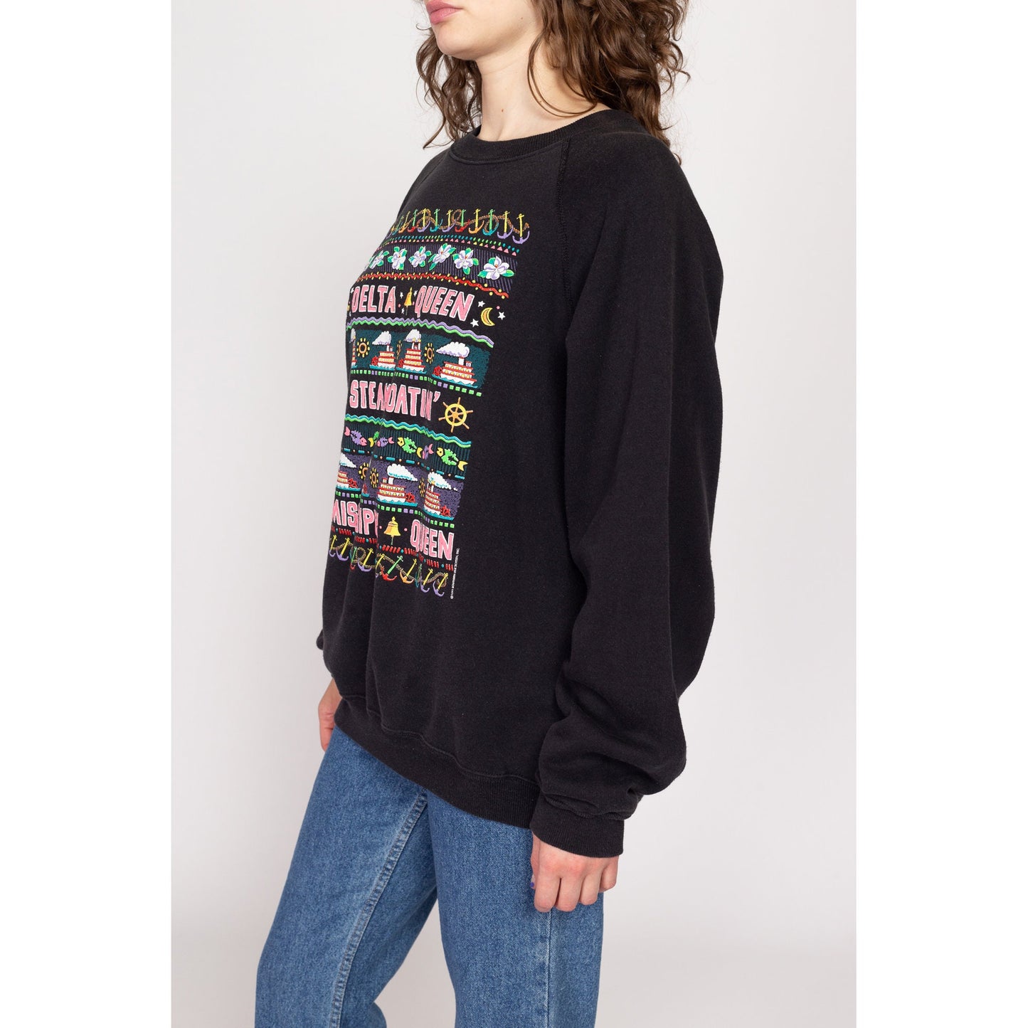 XXL 90s Delta Mississippi Queen Sweatshirt | Vintage Black Steamboat Graphic Tourist Crewneck Pullover