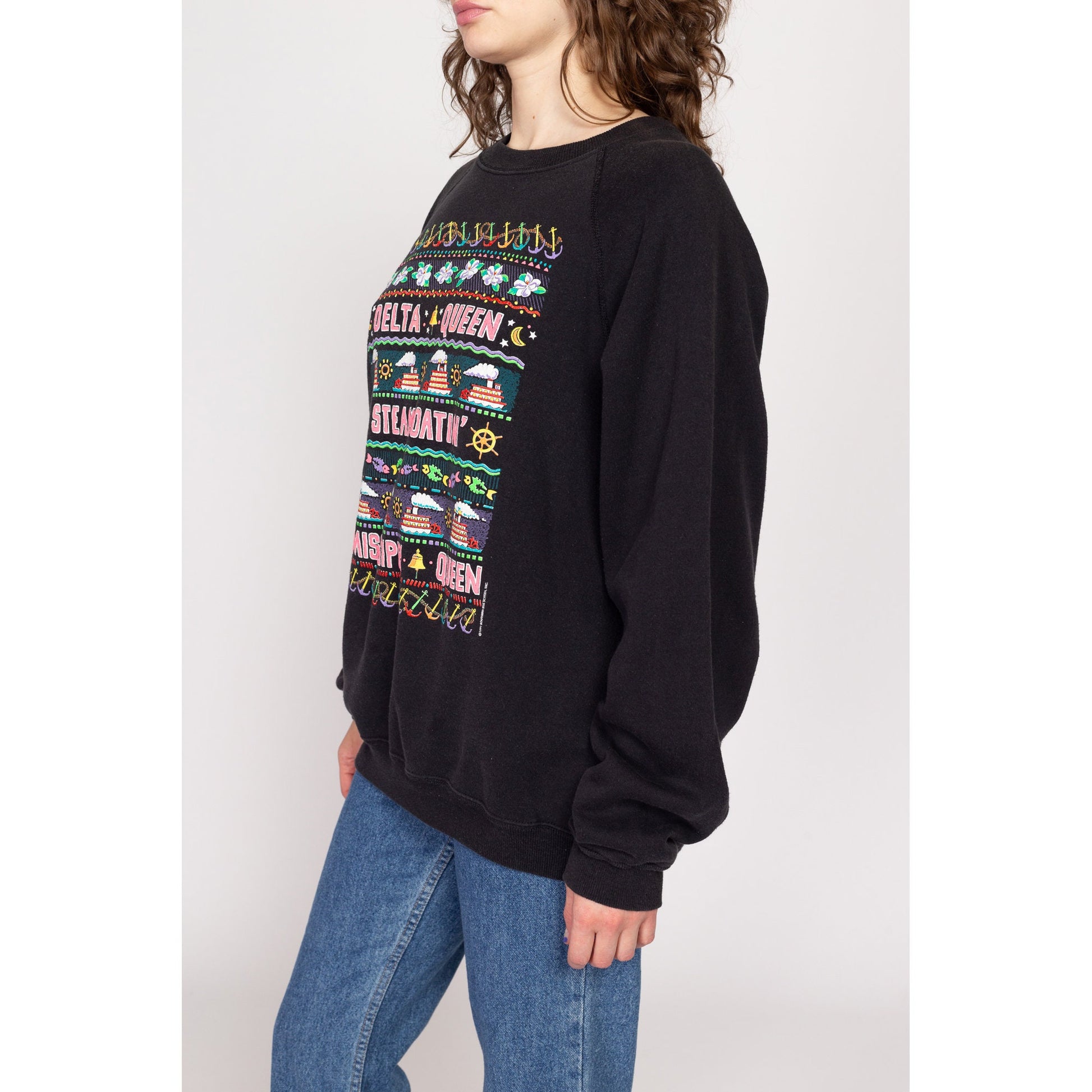 XXL 90s Delta Mississippi Queen Sweatshirt | Vintage Black Steamboat Graphic Tourist Crewneck Pullover