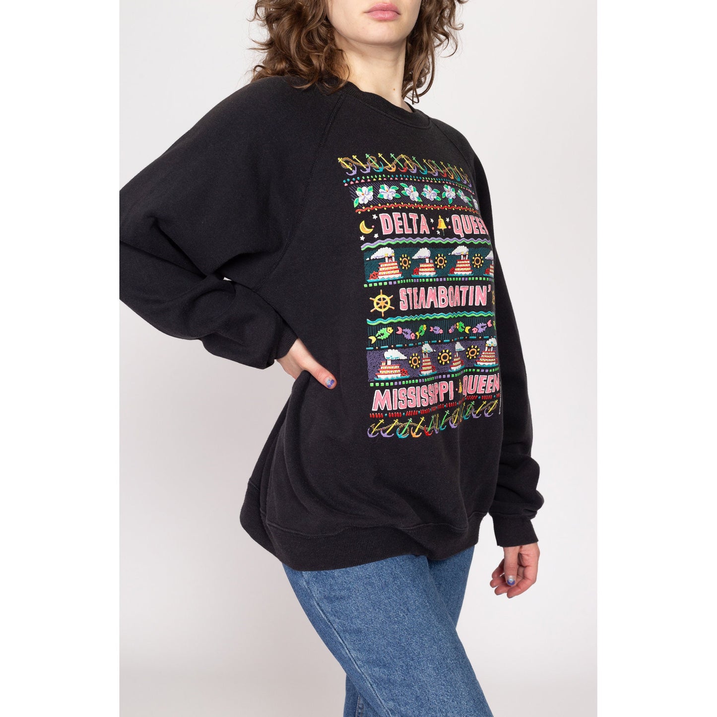 XXL 90s Delta Mississippi Queen Sweatshirt | Vintage Black Steamboat Graphic Tourist Crewneck Pullover