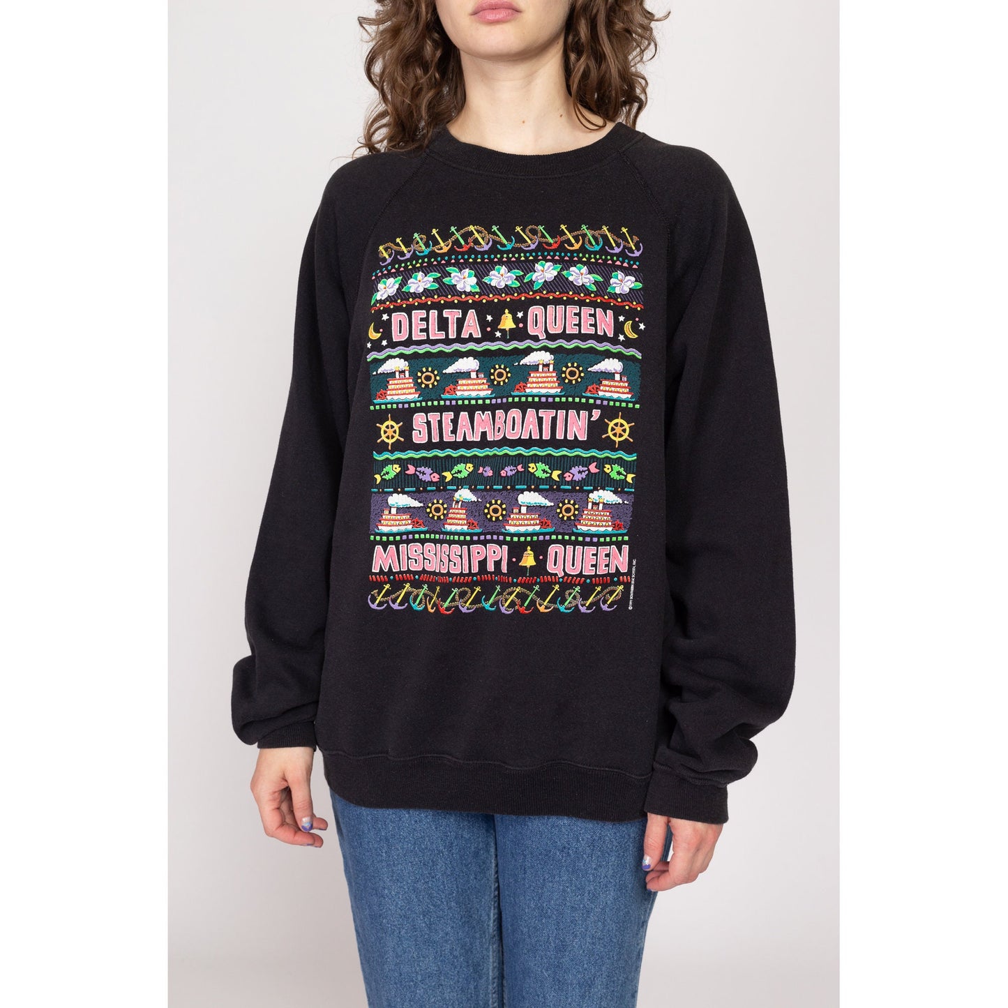 XXL 90s Delta Mississippi Queen Sweatshirt | Vintage Black Steamboat Graphic Tourist Crewneck Pullover