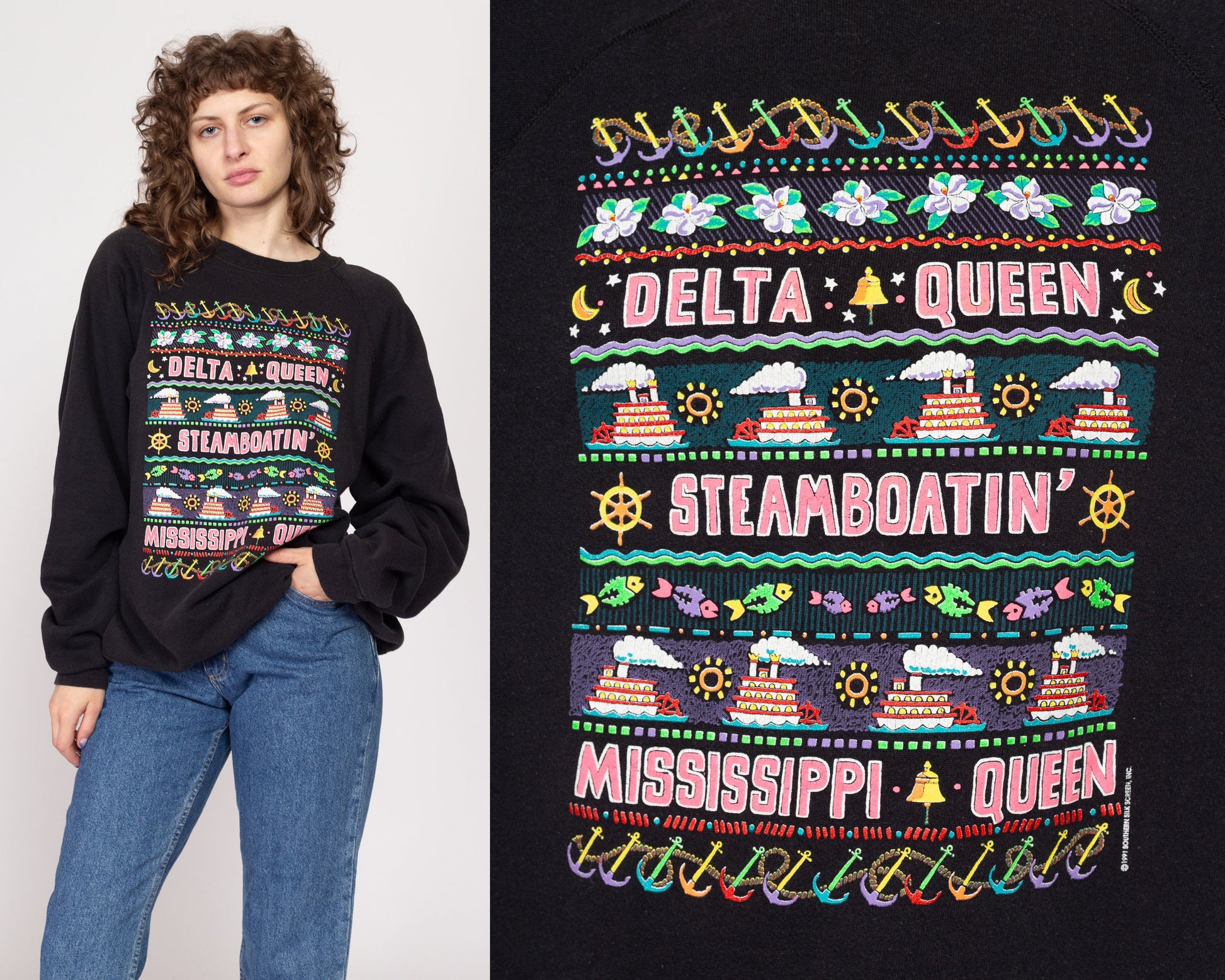 XXL 90s Delta Mississippi Queen Sweatshirt | Vintage Black Steamboat Graphic Tourist Crewneck Pullover