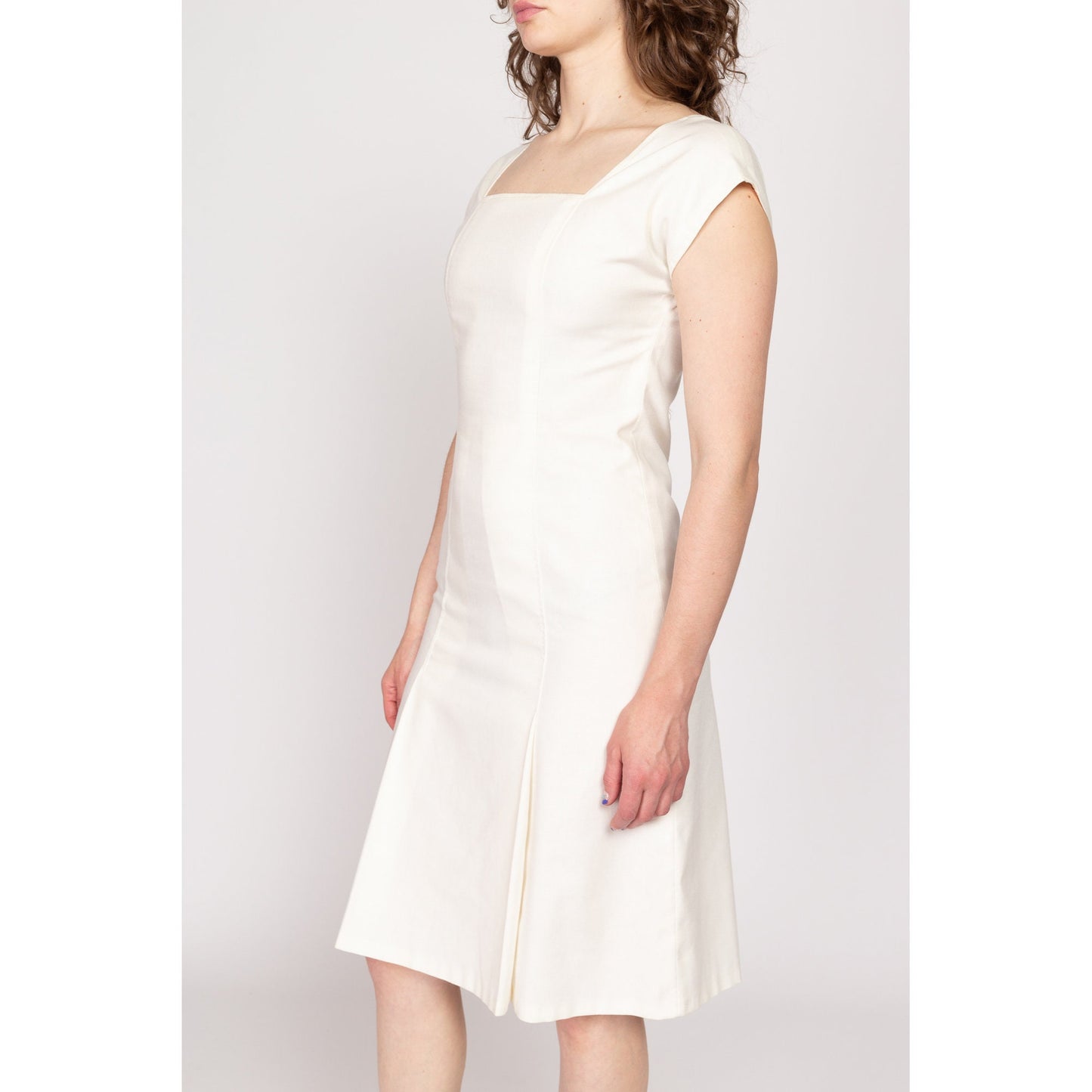 Small 70s White Minimalist Midi Dress | Vintage Square Neck Cap Sleeve A Line Linen Look Dress