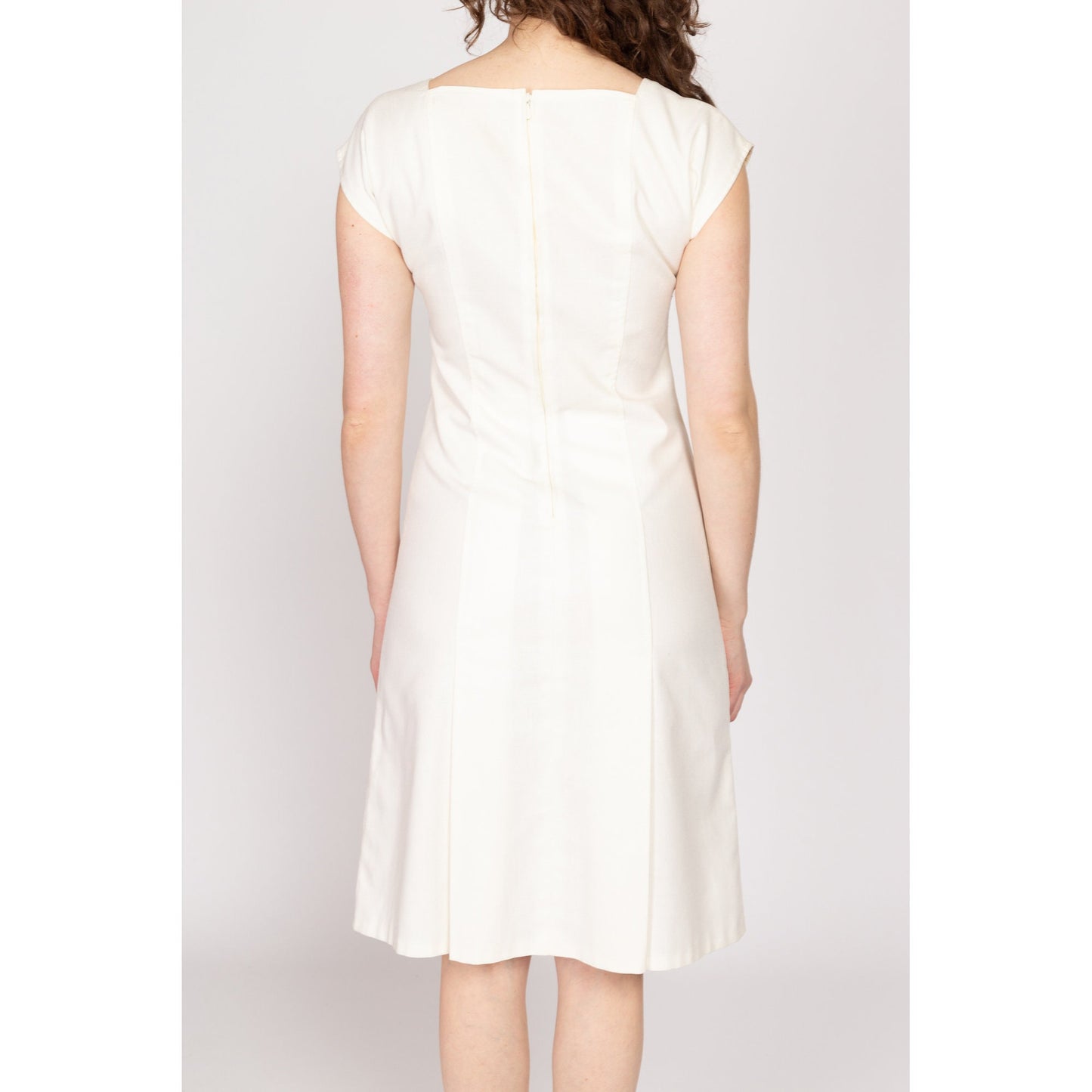 Small 70s White Minimalist Midi Dress | Vintage Square Neck Cap Sleeve A Line Linen Look Dress