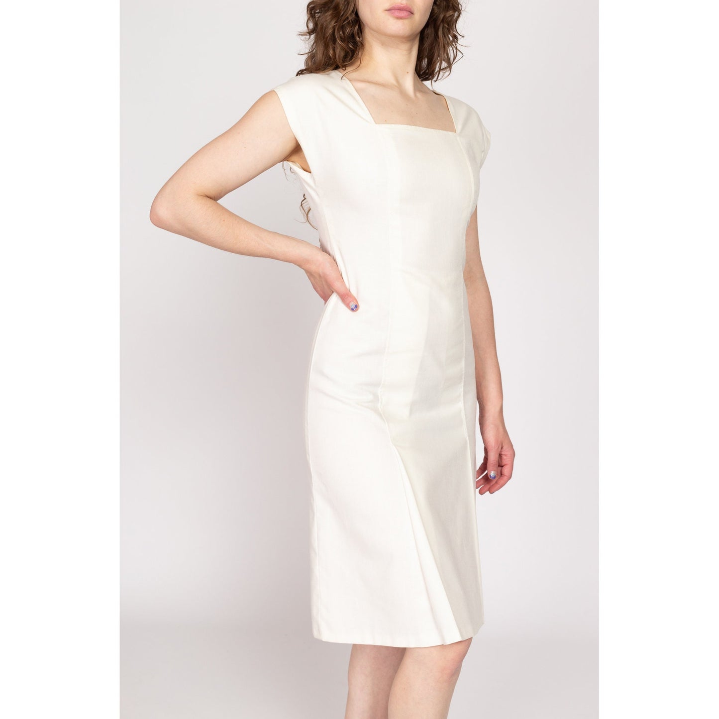 Small 70s White Minimalist Midi Dress | Vintage Square Neck Cap Sleeve A Line Linen Look Dress