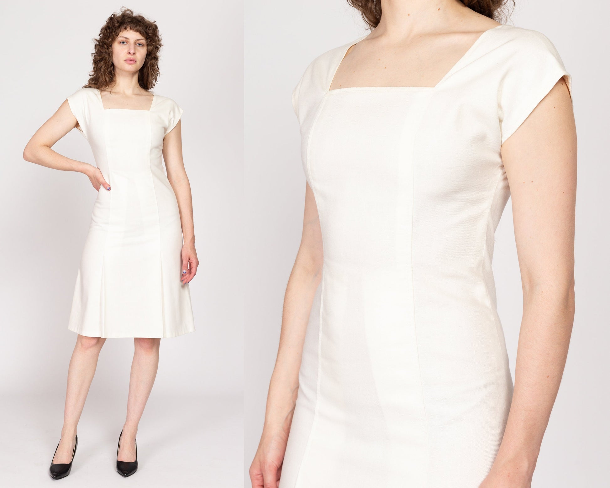 Small 70s White Minimalist Midi Dress | Vintage Square Neck Cap Sleeve A Line Linen Look Dress