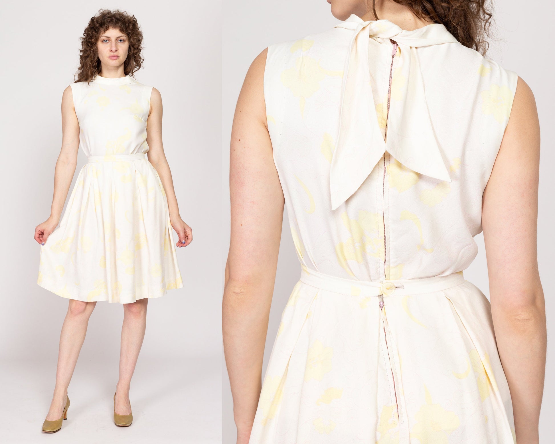 Small 60s Gay Gibson White & Yellow Floral Skirt Set | Vintage Sleeveless Blouse Midi Skirt Matching Outfit