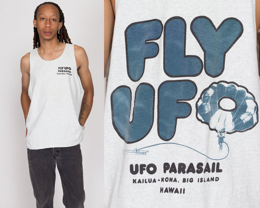XL 90 UFO Parasail Hawaii Tank Top | Vintage Heather Grey Sleeveless Tourist Graphic Muscle Tee