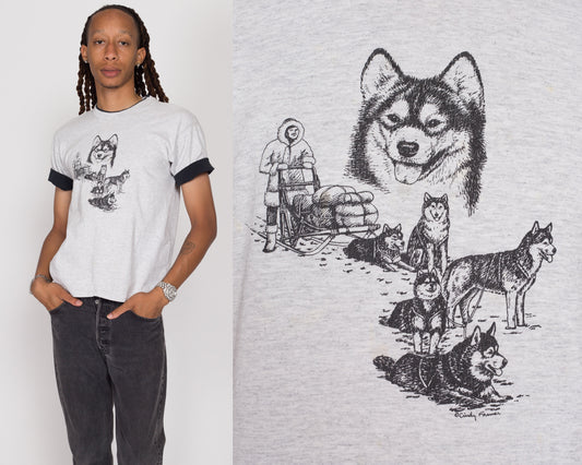 Medium 90s Husky Dog Sled Cuffed T Shirt | Vintage Heather Grey Graphic Tee