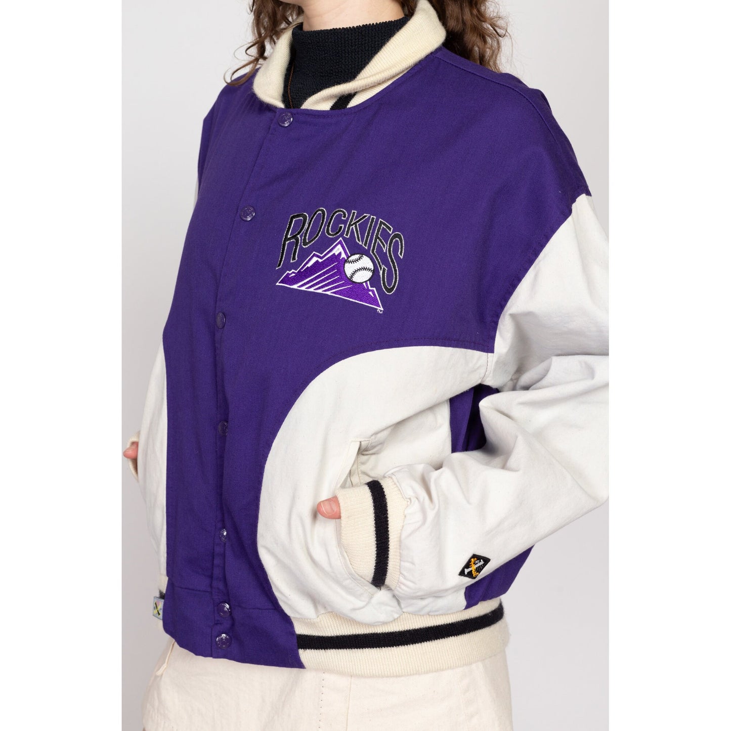 Lrg-XL 90 Colorado Rockies MLB Denim Varsity Jacket | Vintage Purple White Snap Button Baseball Bomber Coat