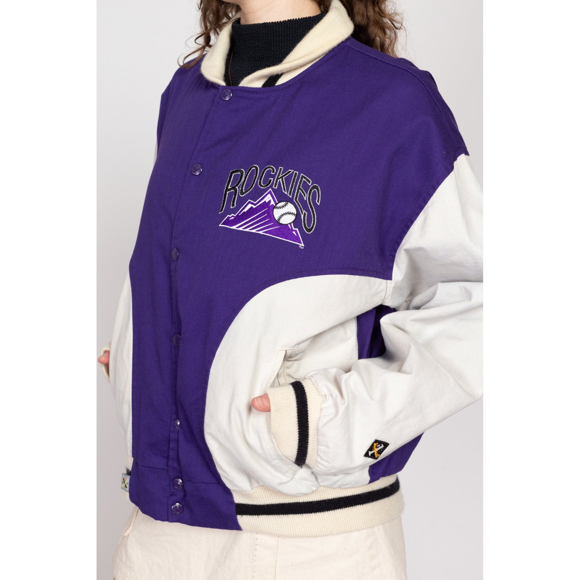 Lrg-XL 90 Colorado Rockies MLB Denim Varsity Jacket | Vintage Purple White Snap Button Baseball Bomber Coat
