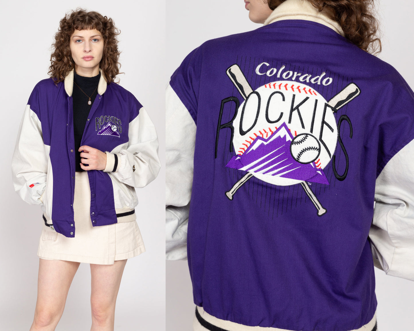 Lrg-XL 90 Colorado Rockies MLB Denim Varsity Jacket | Vintage Purple White Snap Button Baseball Bomber Coat