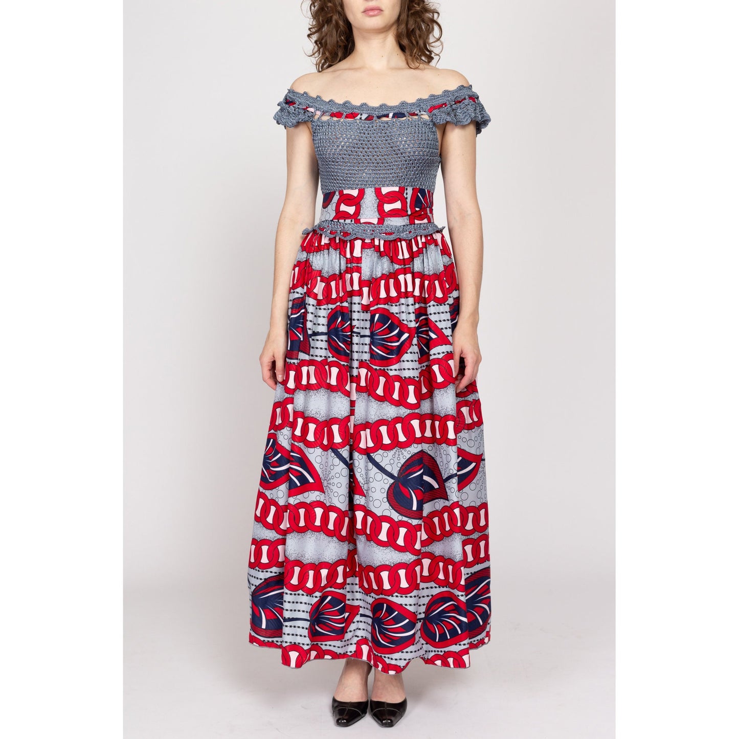 Sm-Med Vintage Crochet Ankara Print Maxi Sundress | Blue Grey Red Cotton African Wax Print Boho Fit & Flare Dress