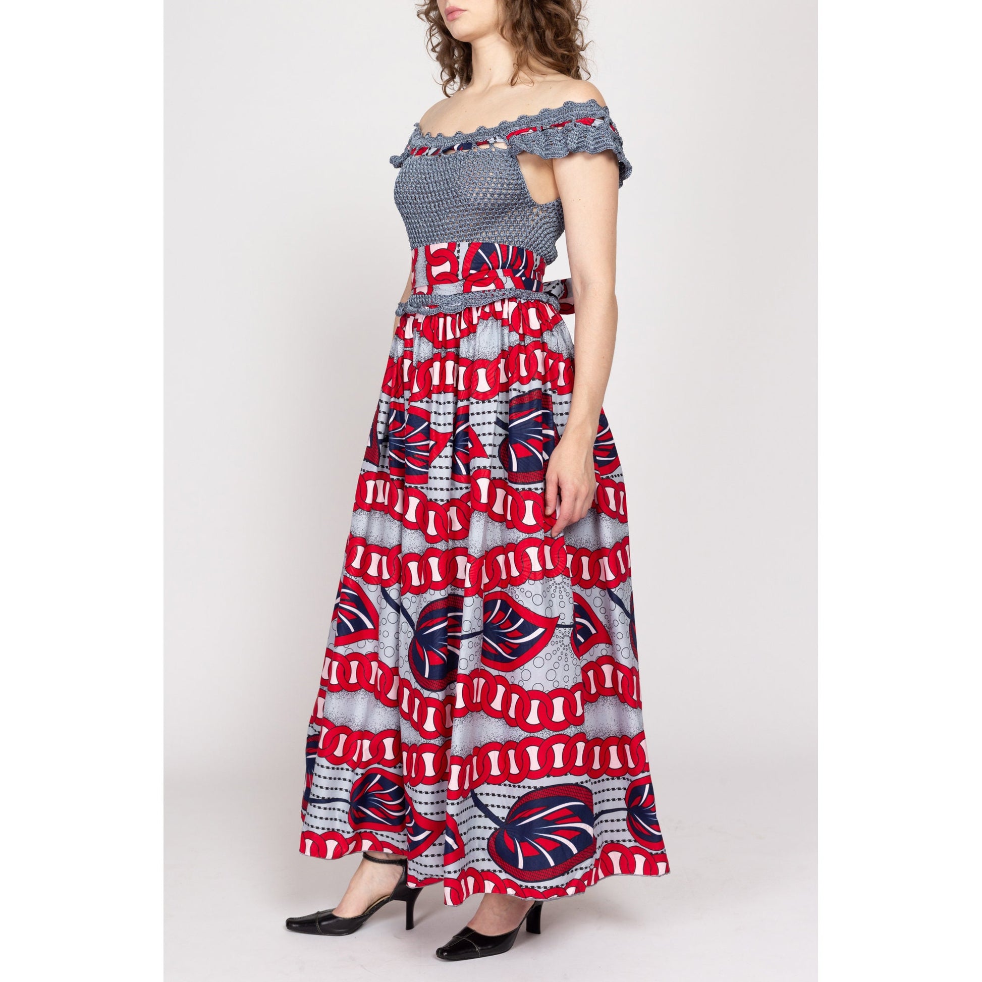 Sm-Med Vintage Crochet Ankara Print Maxi Sundress | Blue Grey Red Cotton African Wax Print Boho Fit & Flare Dress