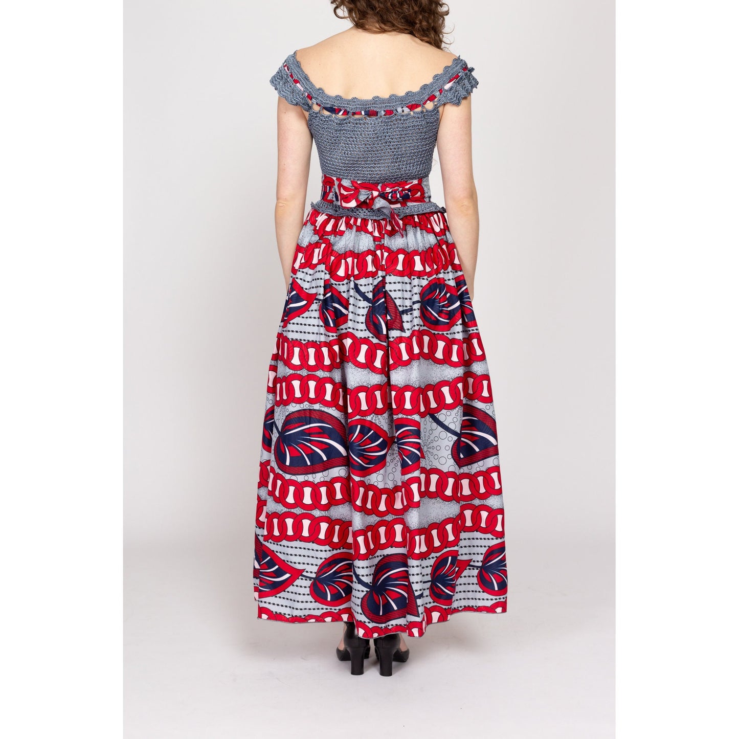 Sm-Med Vintage Crochet Ankara Print Maxi Sundress | Blue Grey Red Cotton African Wax Print Boho Fit & Flare Dress