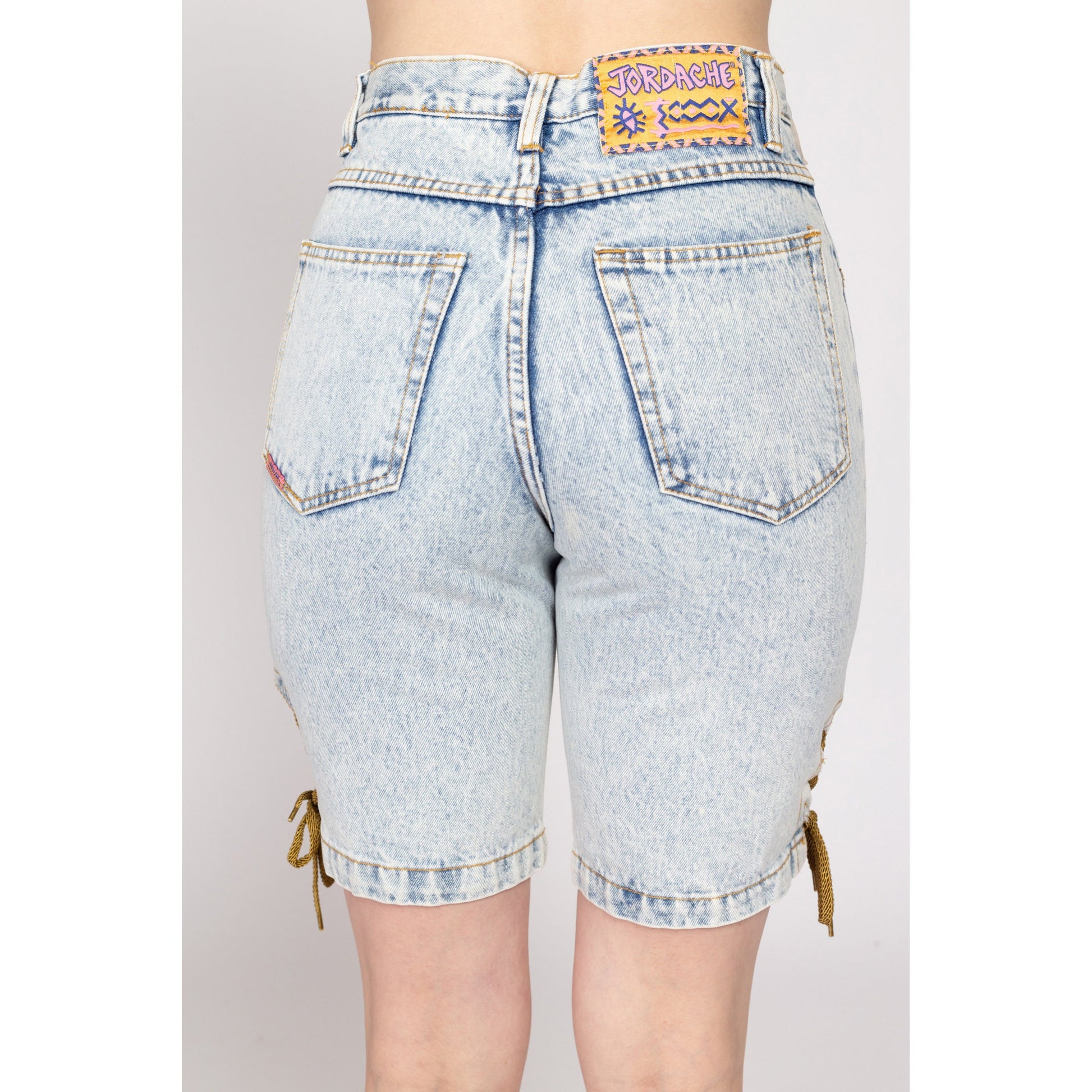 Small 80s Jordache Acid Wash Lace Up Jean Shorts NWT 27" | Vintage Streetwear High Waisted Light Wash Denim Long Inseam Shorts