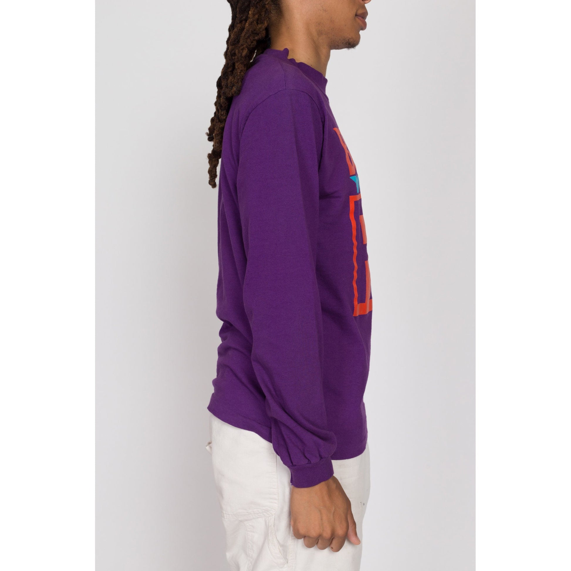 Medium 90s Levi's "Button Your Fly" Long Sleeve T Shirt | Vintage Purple Levis Graphic High Crew Neck Tee