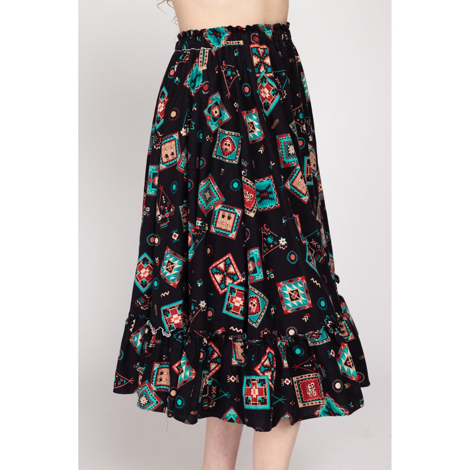 Sm-Med 90s Southwestern Square Dance Skirt | Vintage Rockabilly Western Black Ruffle Circle Skirt