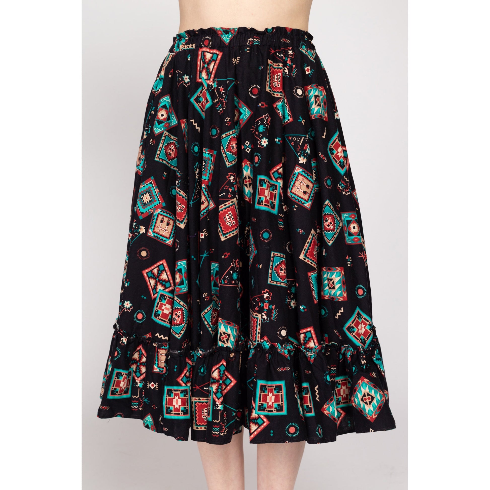 Sm-Med 90s Southwestern Square Dance Skirt | Vintage Rockabilly Western Black Ruffle Circle Skirt