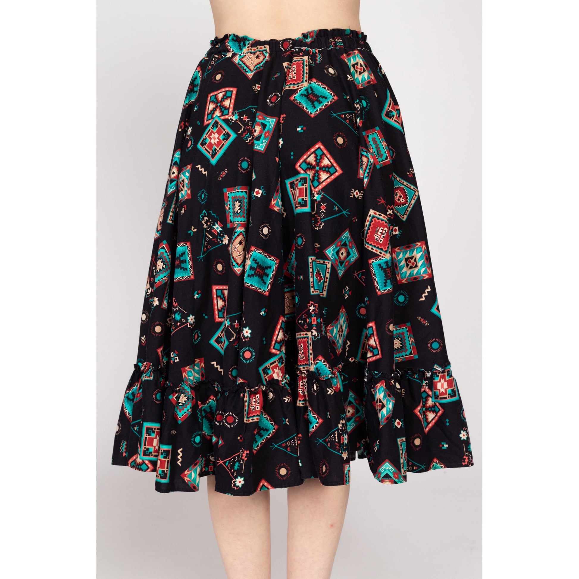 Sm-Med 90s Southwestern Square Dance Skirt | Vintage Rockabilly Western Black Ruffle Circle Skirt