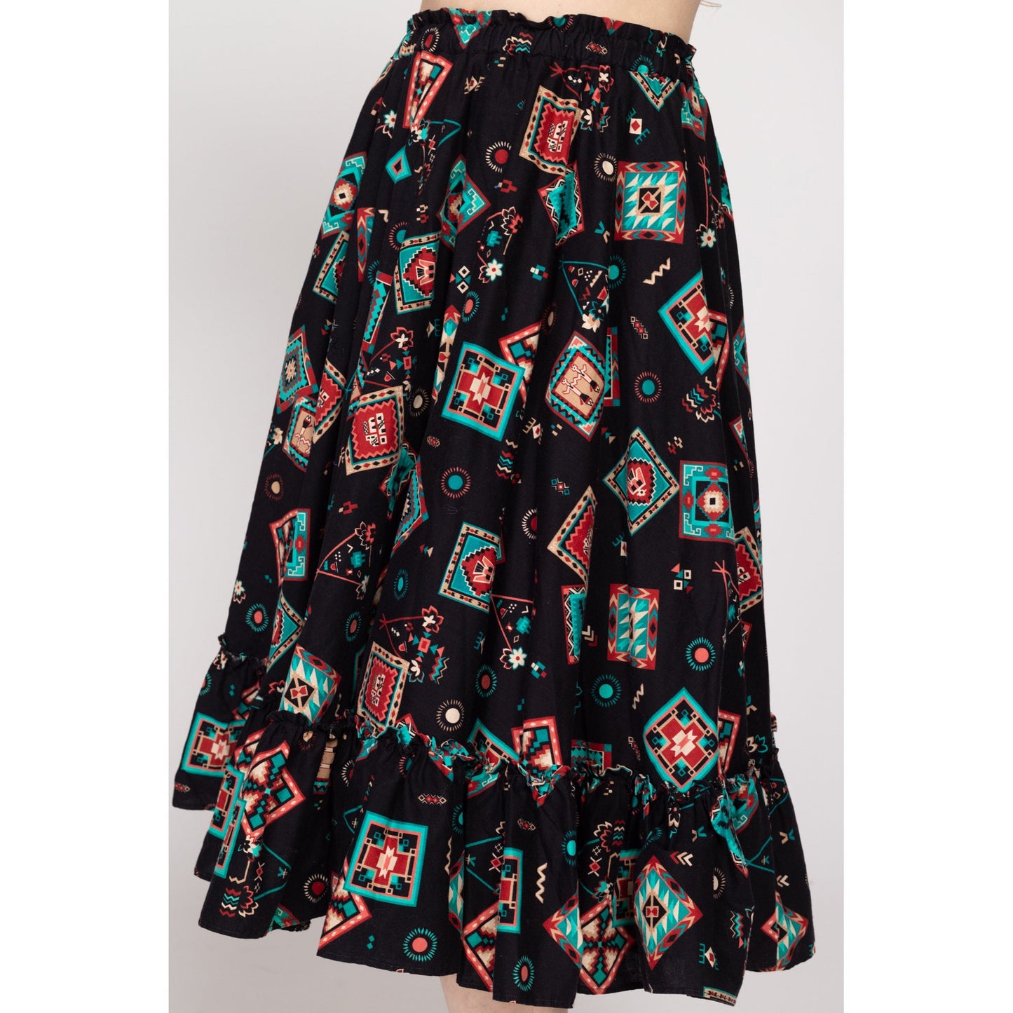 Sm-Med 90s Southwestern Square Dance Skirt | Vintage Rockabilly Western Black Ruffle Circle Skirt