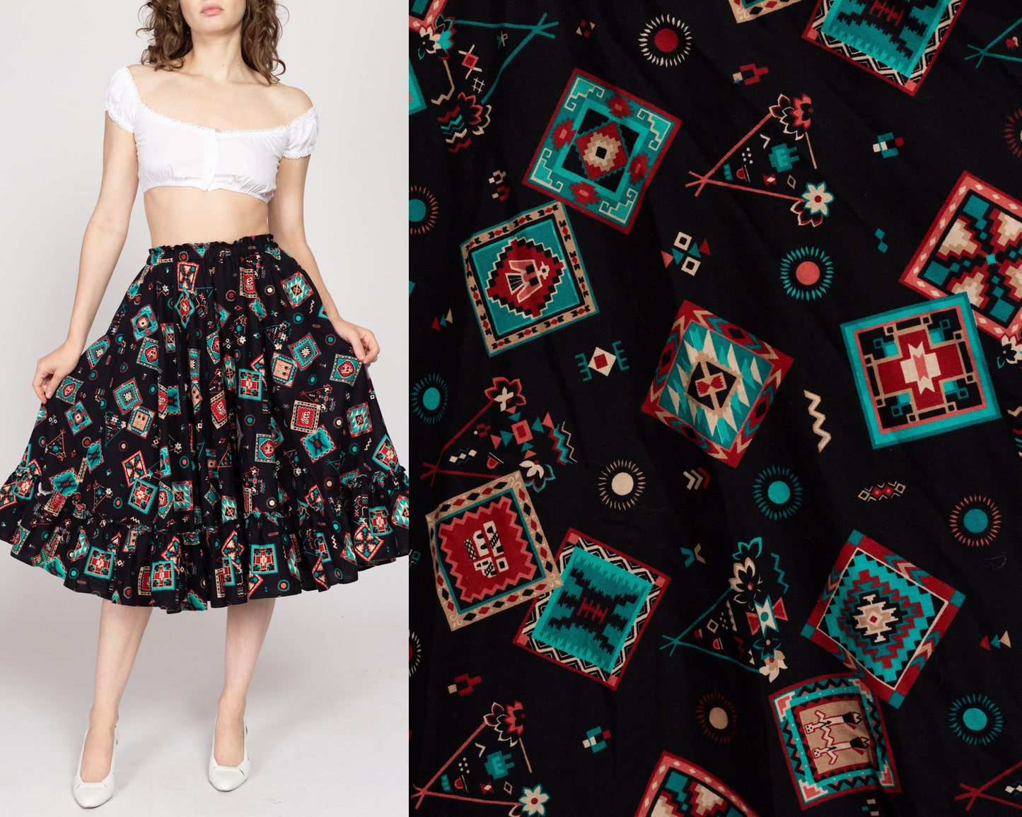 Sm-Med 90s Southwestern Square Dance Skirt | Vintage Rockabilly Western Black Ruffle Circle Skirt