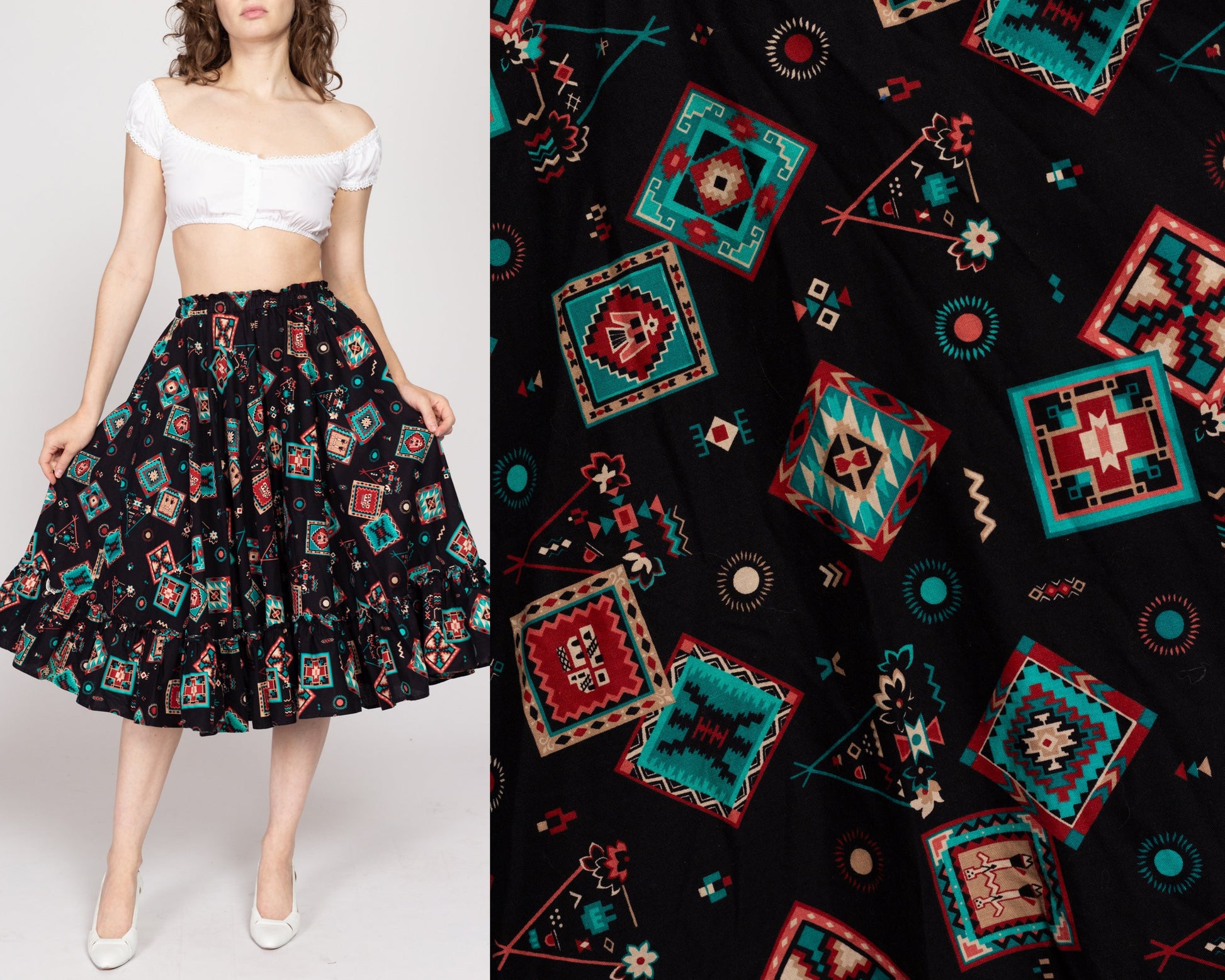 Sm-Med 90s Southwestern Square Dance Skirt | Vintage Rockabilly Western Black Ruffle Circle Skirt