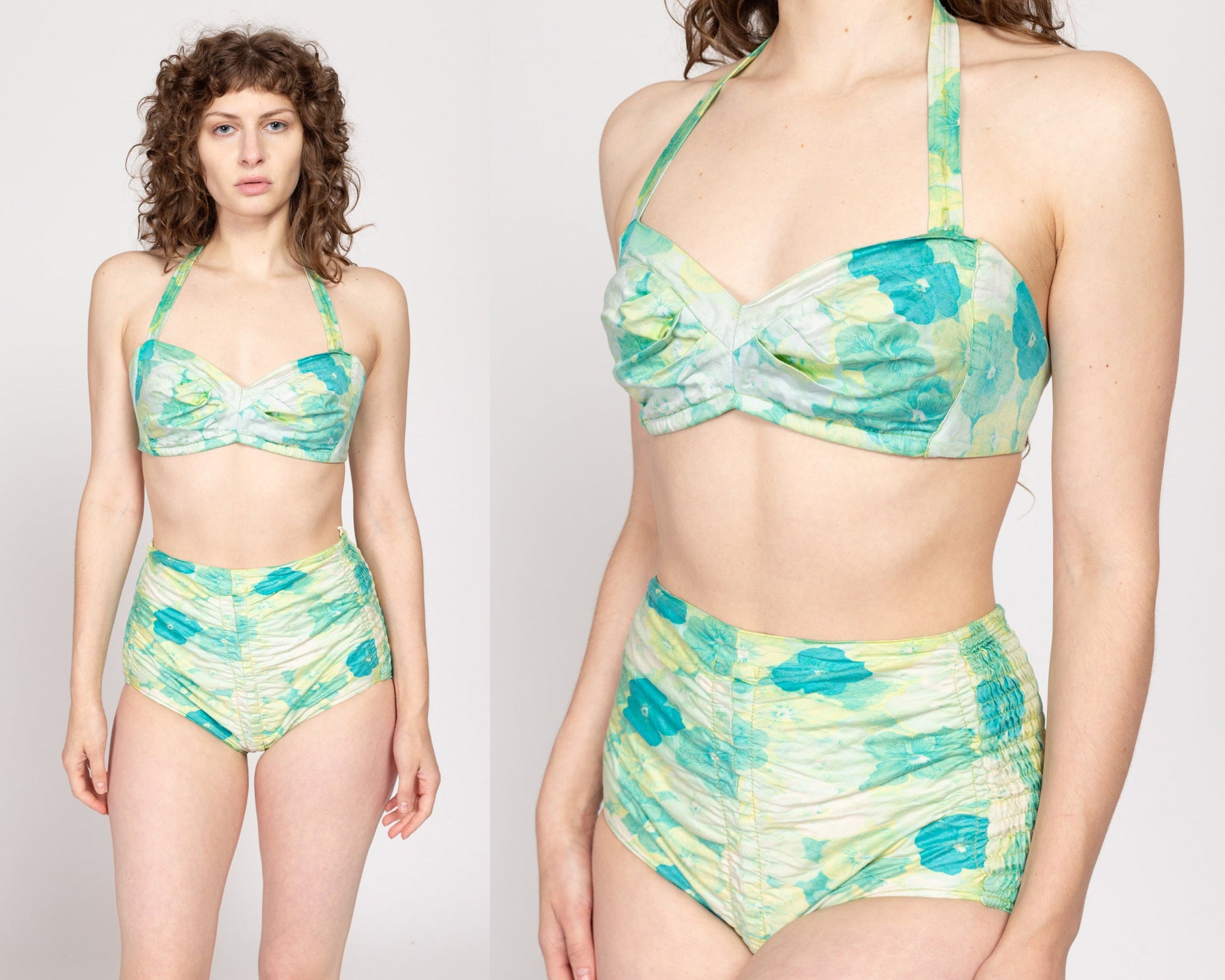 Sm-Med 1950s Cole Of California Floral Bikini Swimsuit | Retro Vintage 50s Blue Green Shirred Two Piece Pinup Bathing Suit