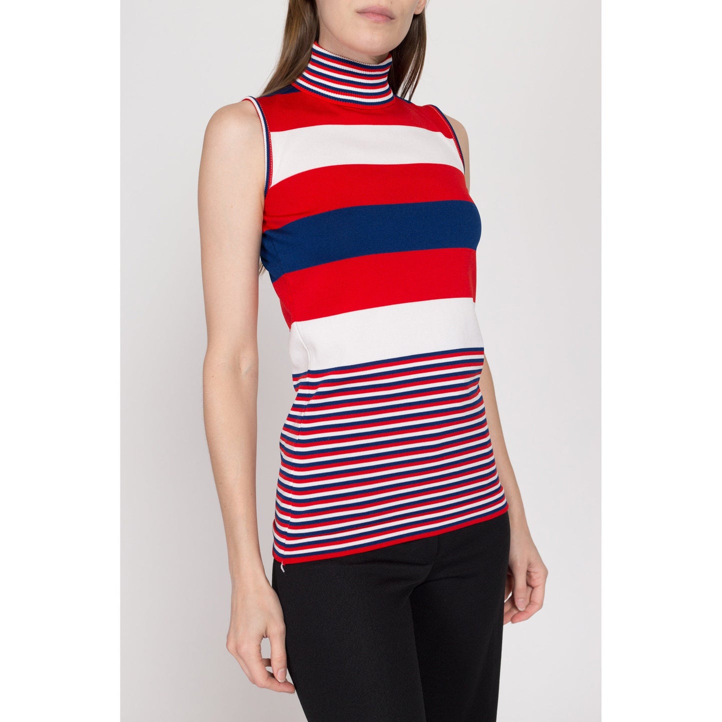 XS 70s Mod Red White & Blue Striped Turtleneck Top | Vintage Sleeveless Tank Stretchy Shirt