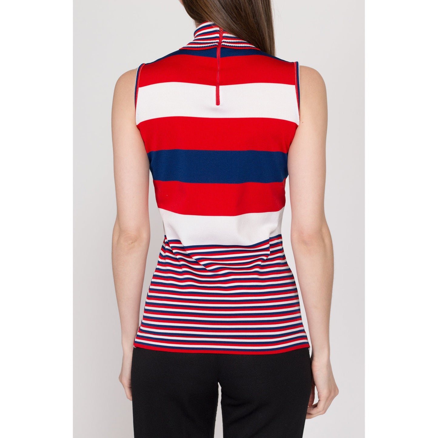 XS 70s Mod Red White & Blue Striped Turtleneck Top | Vintage Sleeveless Tank Stretchy Shirt