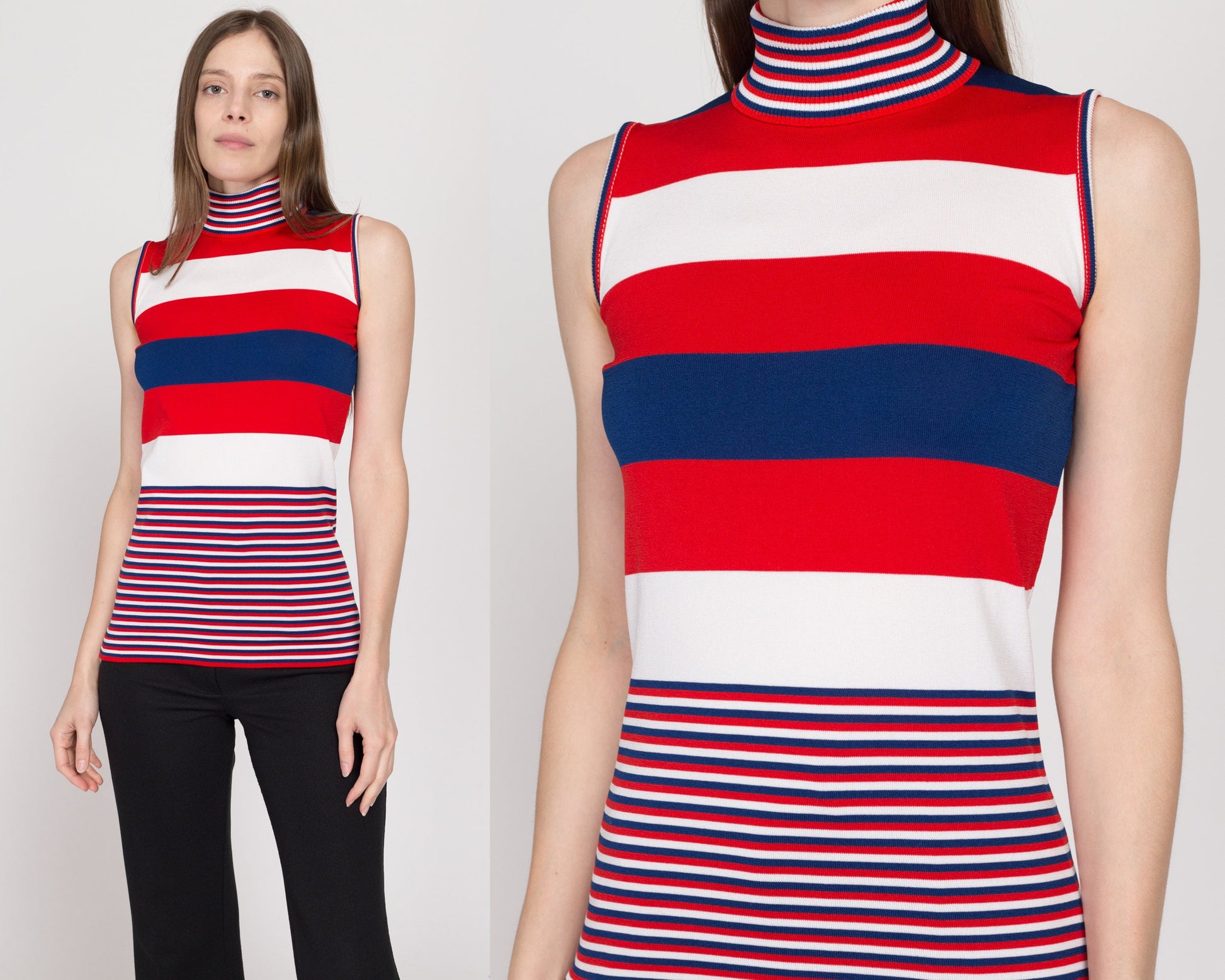 XS 70s Mod Red White & Blue Striped Turtleneck Top | Vintage Sleeveless Tank Stretchy Shirt