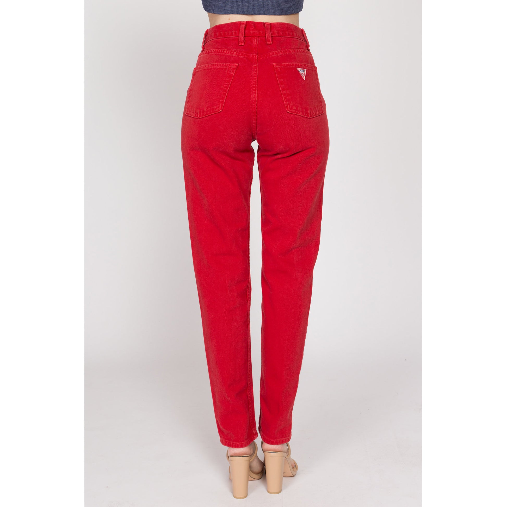 Small 90s Guess Red High Waisted Jeans 26.5" | Vintage Denim Tapered Leg Mom Jeans