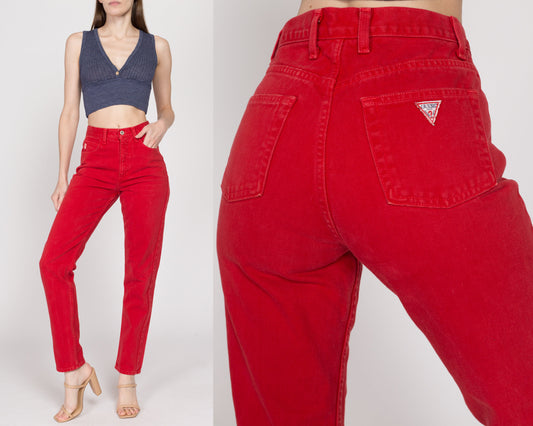 Small 90s Guess Red High Waisted Jeans 26.5" | Vintage Denim Tapered Leg Mom Jeans