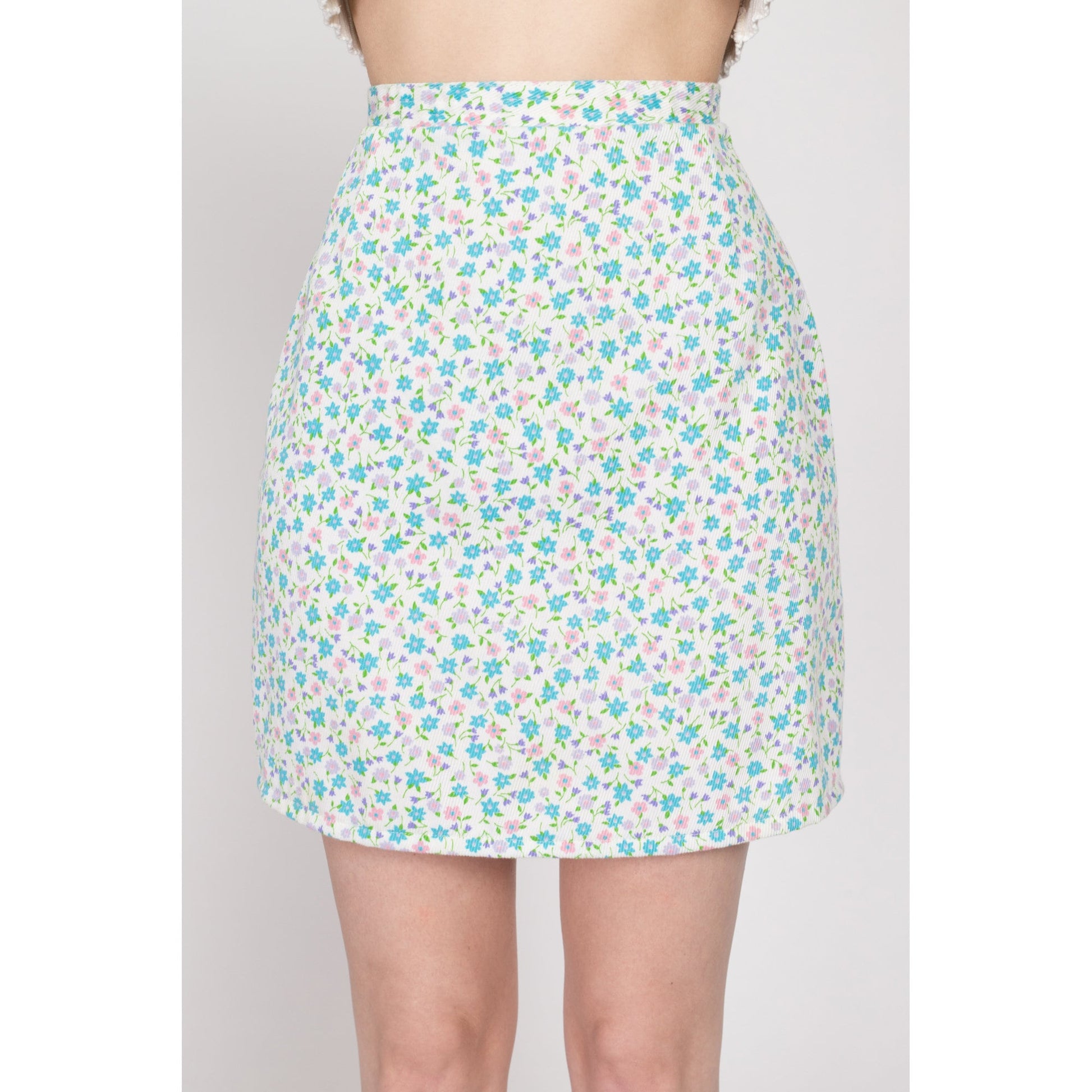 Small 60s Ditsy Floral Ribbed Mini Skirt | Vintage White Blue Pink High Waisted Boho Pencil Skirt