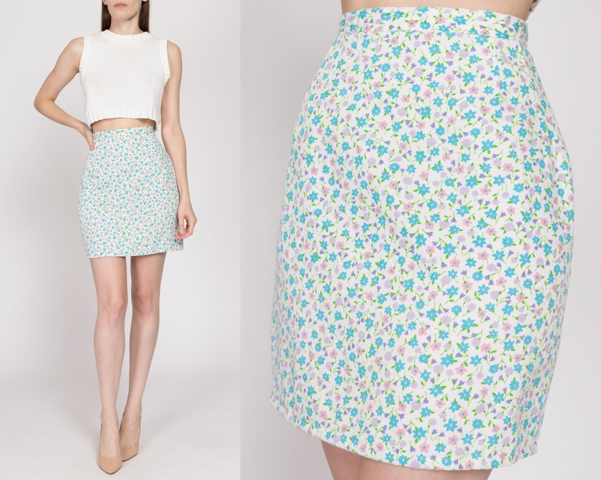 Small 60s Ditsy Floral Ribbed Mini Skirt | Vintage White Blue Pink High Waisted Boho Pencil Skirt