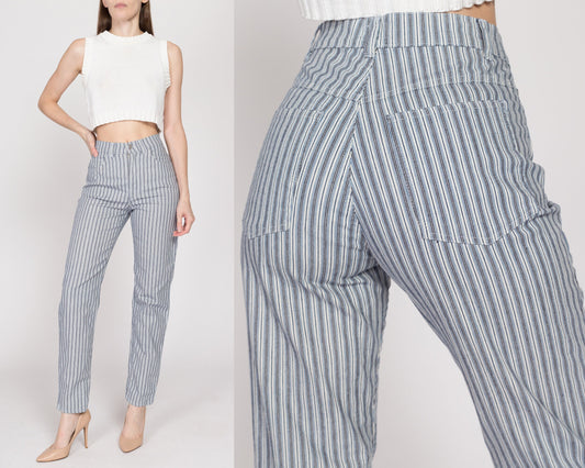 XS 90s Blue & White Striped High Waisted Jeans 25"-26" | Vintage Lightweight Tapered Leg Mom Pants
