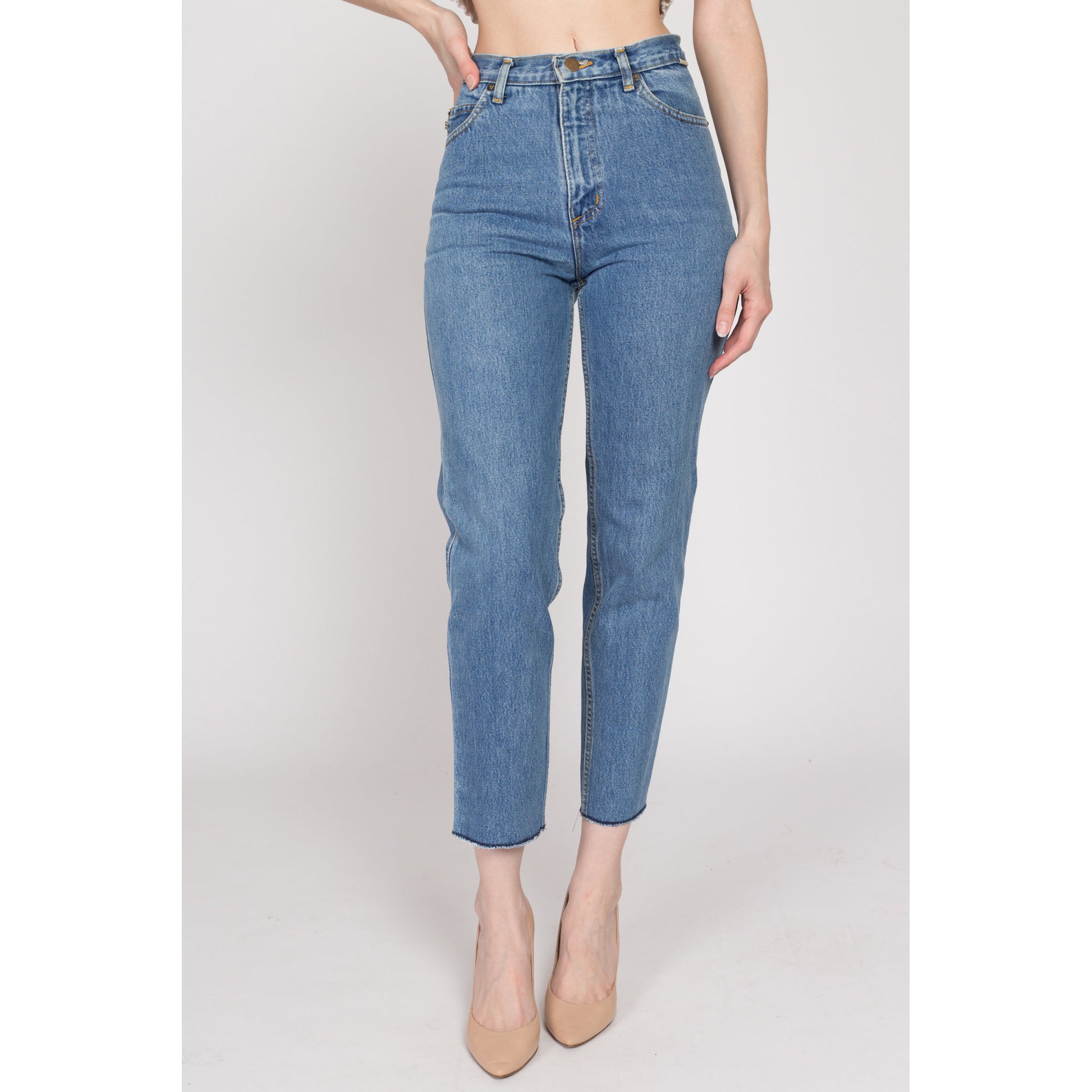 XS 90s Esprit High Waisted Cutoff Ankle Jeans 25" | Vintage Medium Wash Denim Tapered Leg Mom Jeans