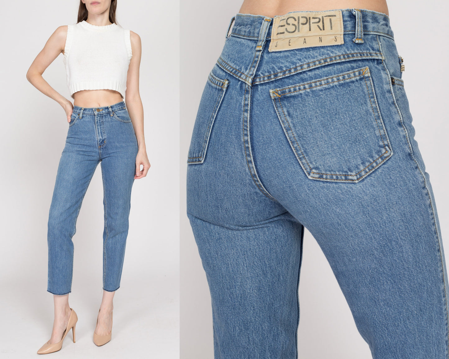 XS 90s Esprit High Waisted Cutoff Ankle Jeans 25" | Vintage Medium Wash Denim Tapered Leg Mom Jeans