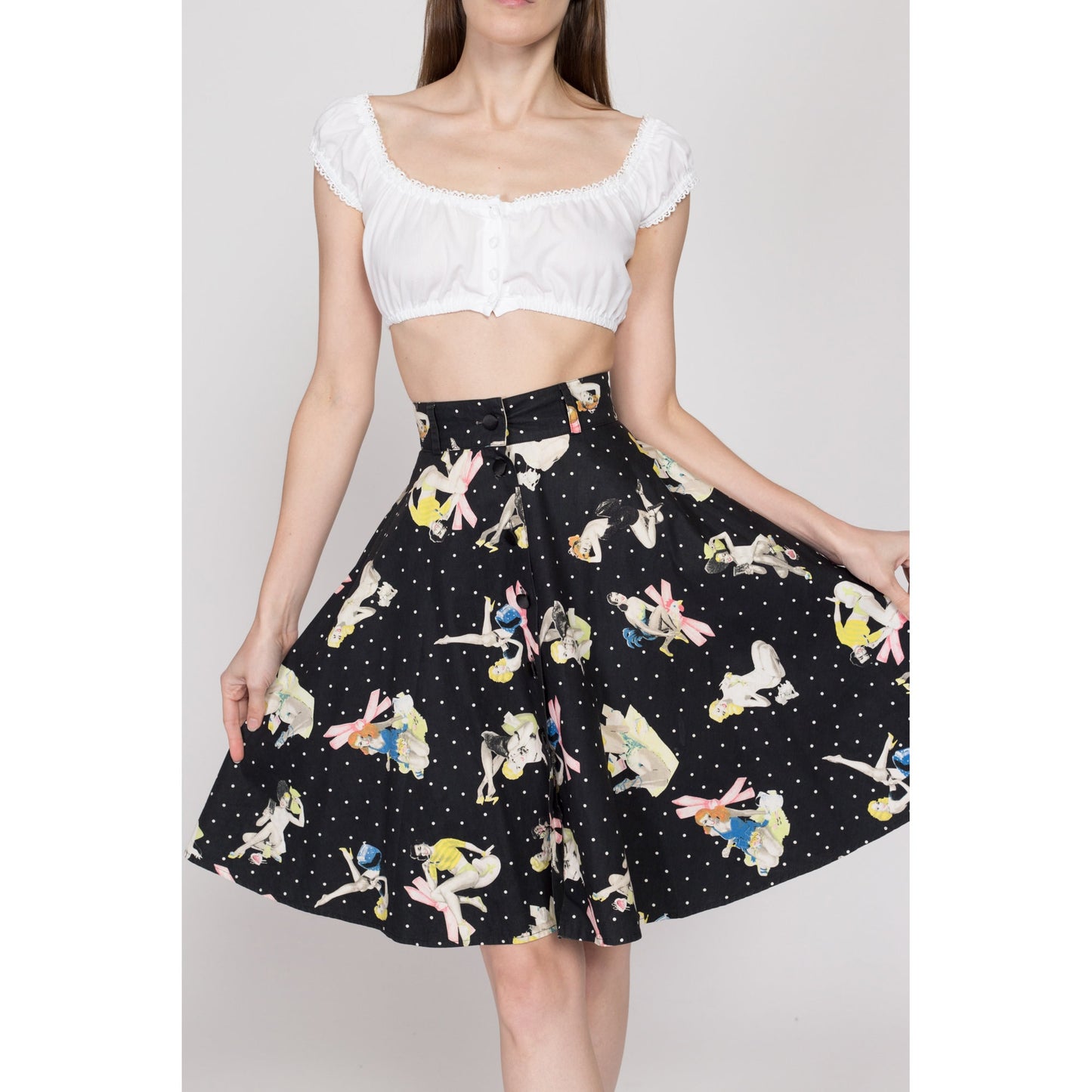 XS 90s Blumarine Pinup Girl Print Circle Skirt 25" | Vintage Designer Black Rockabilly High Waisted Knee Length Mini Skirt