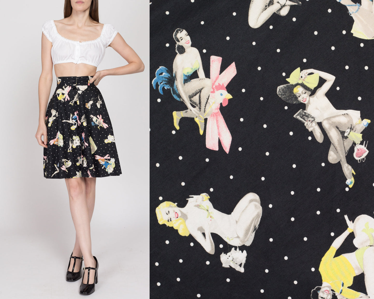 XS 90s Blumarine Pinup Girl Print Circle Skirt 25" | Vintage Designer Black Rockabilly High Waisted Knee Length Mini Skirt