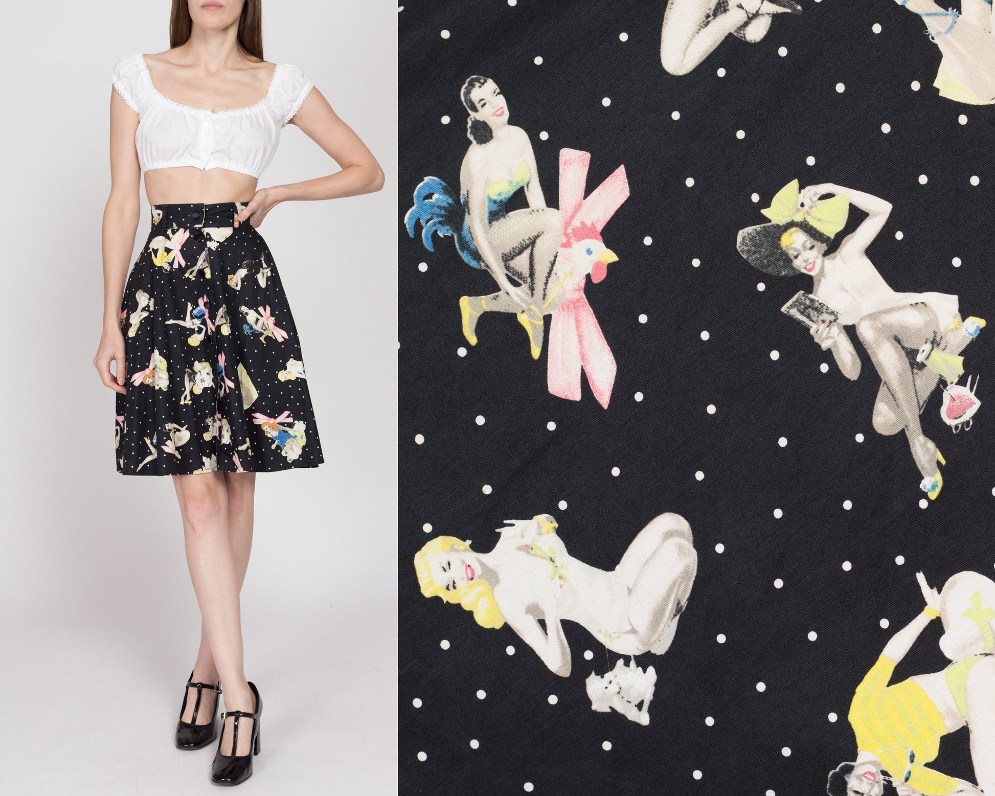 XS 90s Blumarine Pinup Girl Print Circle Skirt 25" | Vintage Designer Black Rockabilly High Waisted Knee Length Mini Skirt