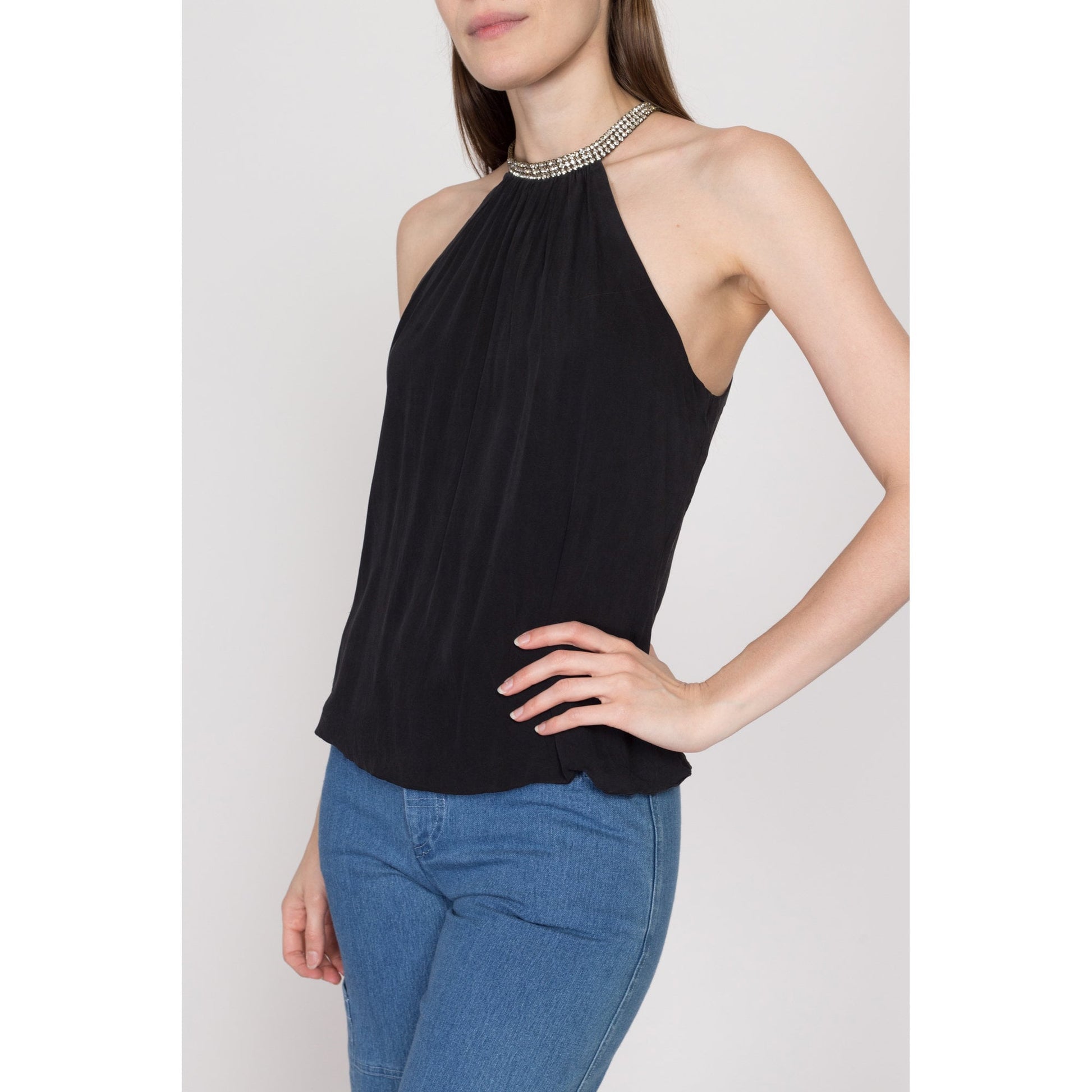 Medium Y2K Trina Turk Black Rhinestone Collar Top | Vintage Sleeveless Jeweled Halter Blouse