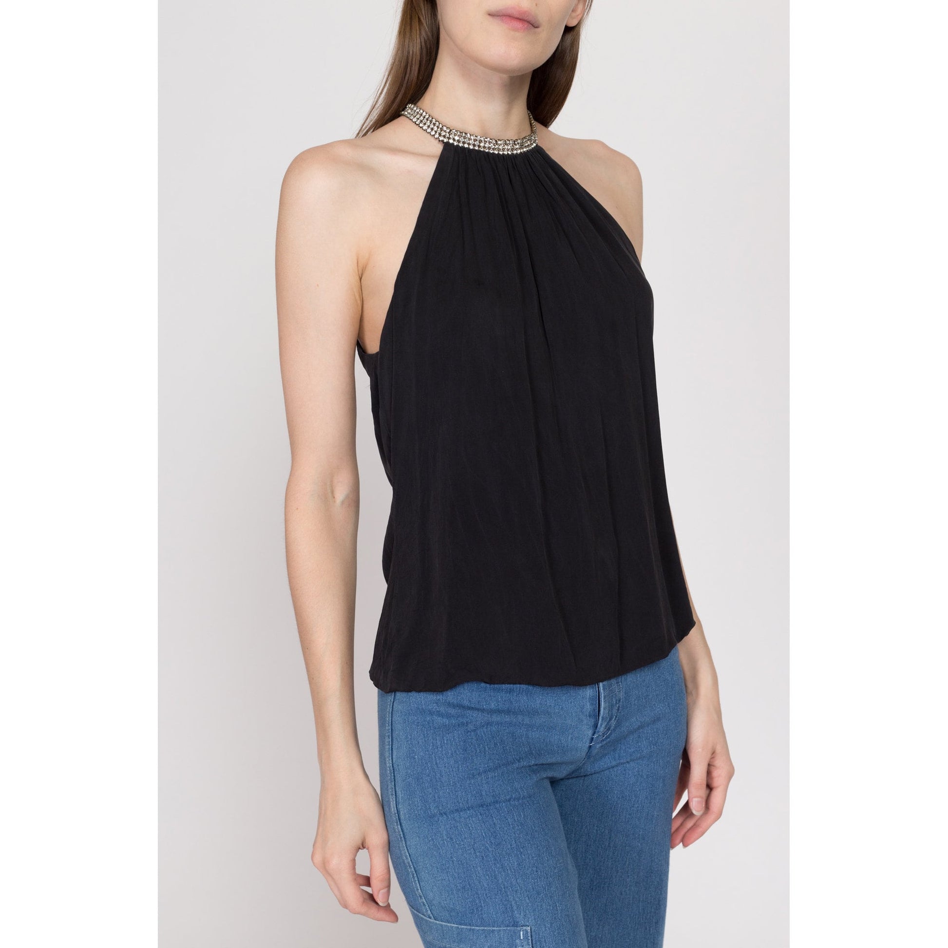Medium Y2K Trina Turk Black Rhinestone Collar Top | Vintage Sleeveless Jeweled Halter Blouse