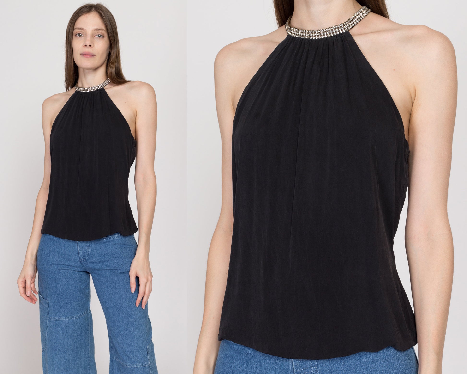 Medium Y2K Trina Turk Black Rhinestone Collar Top | Vintage Sleeveless Jeweled Halter Blouse