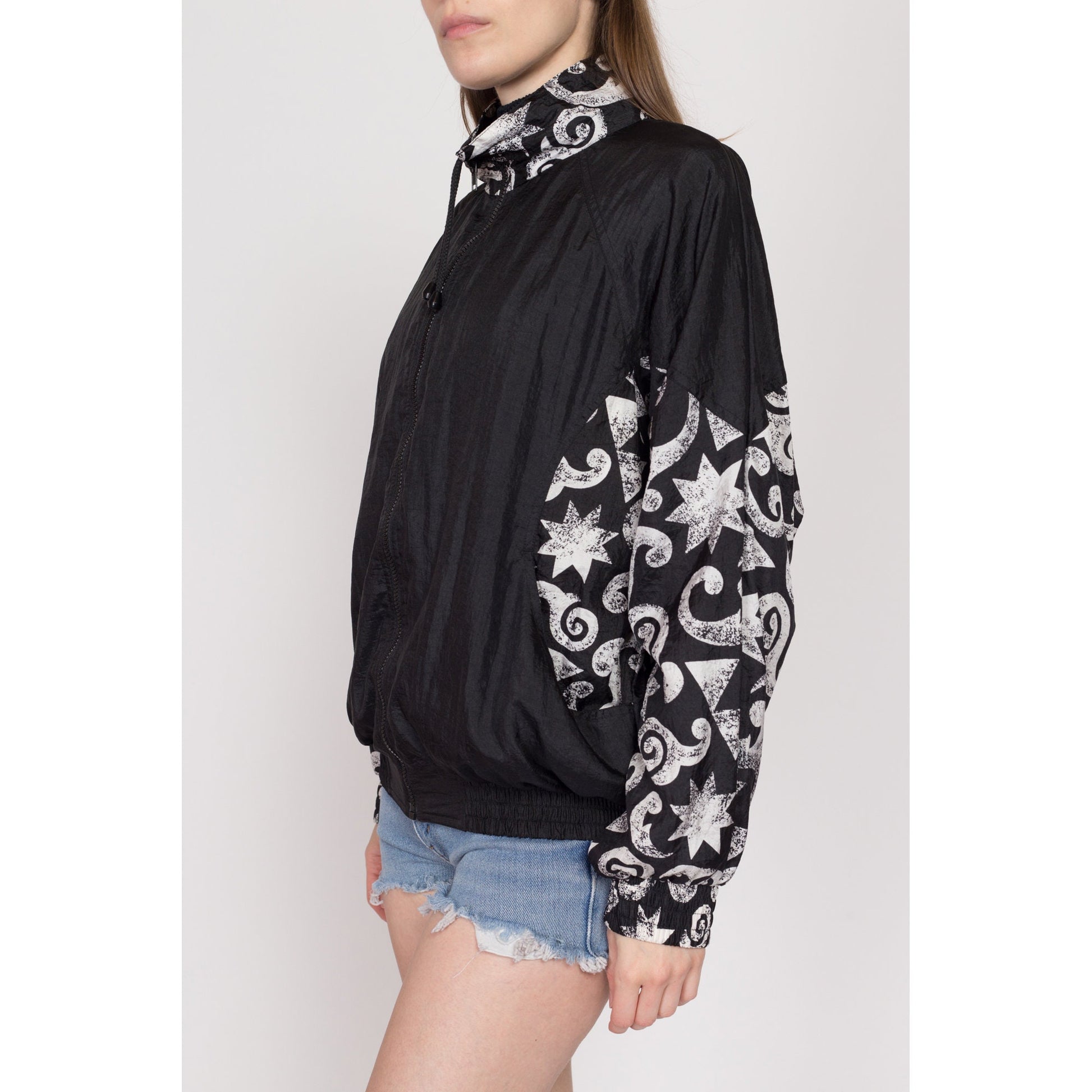 Medium 90s Black & White Swirl Color Block Windbreaker | Vintage Spalding Lightweight Zip Up Track Jacket
