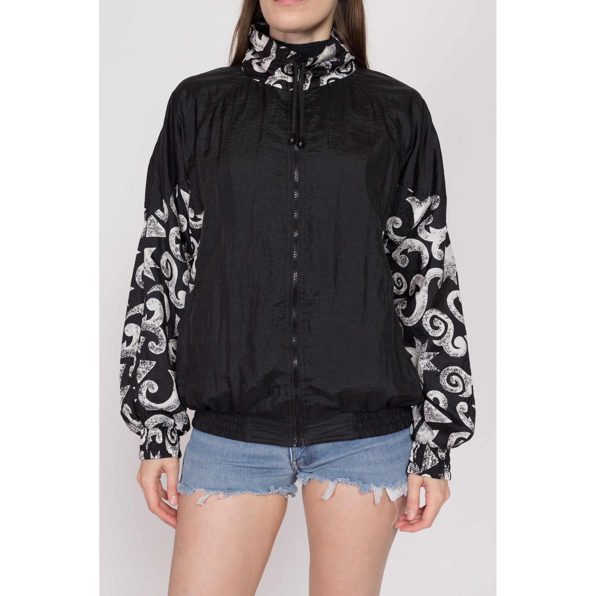 Medium 90s Black & White Swirl Color Block Windbreaker | Vintage Spalding Lightweight Zip Up Track Jacket