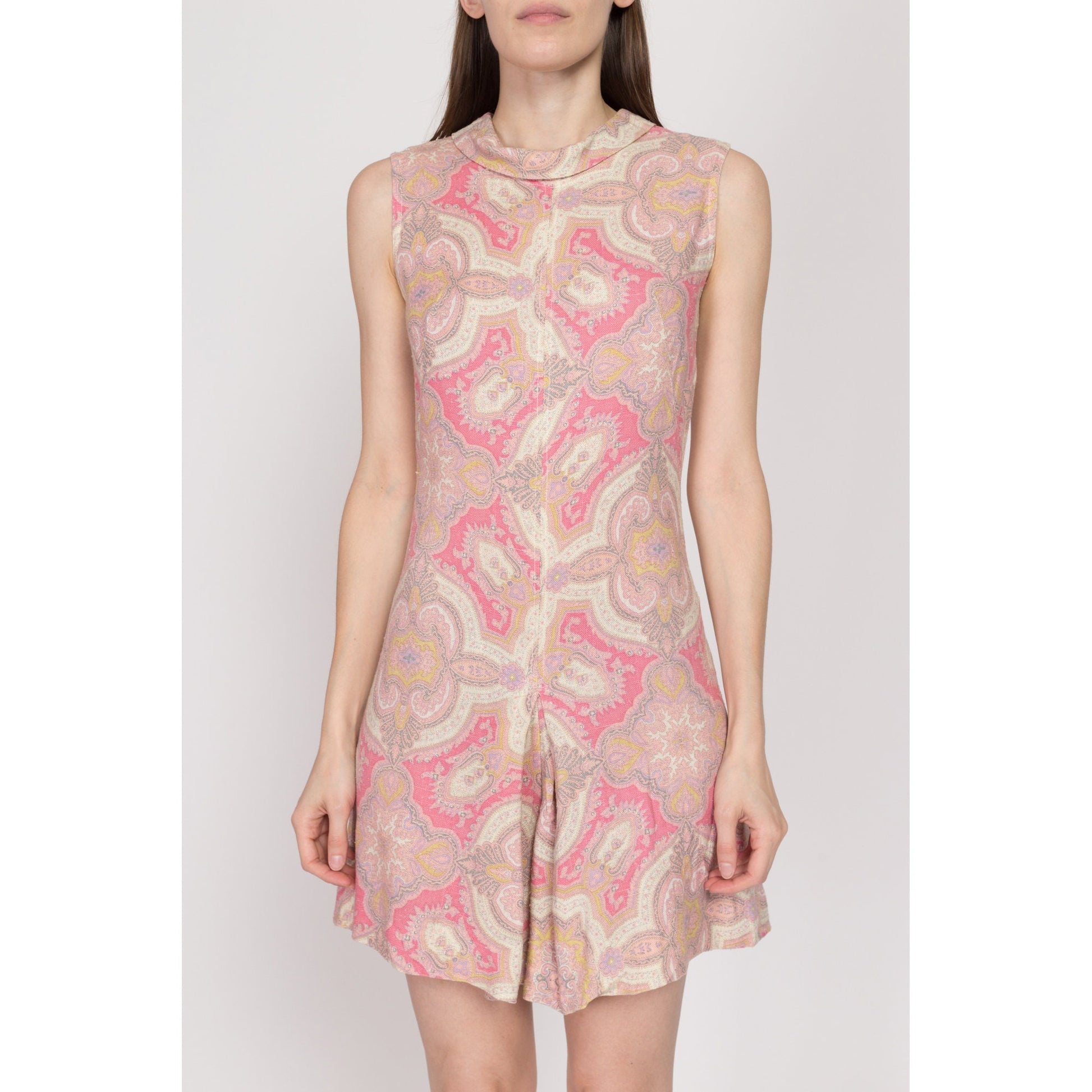 Small 60s Pink Paisley Print Romper | Vintage Woven Foldover Collar Retro Sleeveless Mini Playsuit