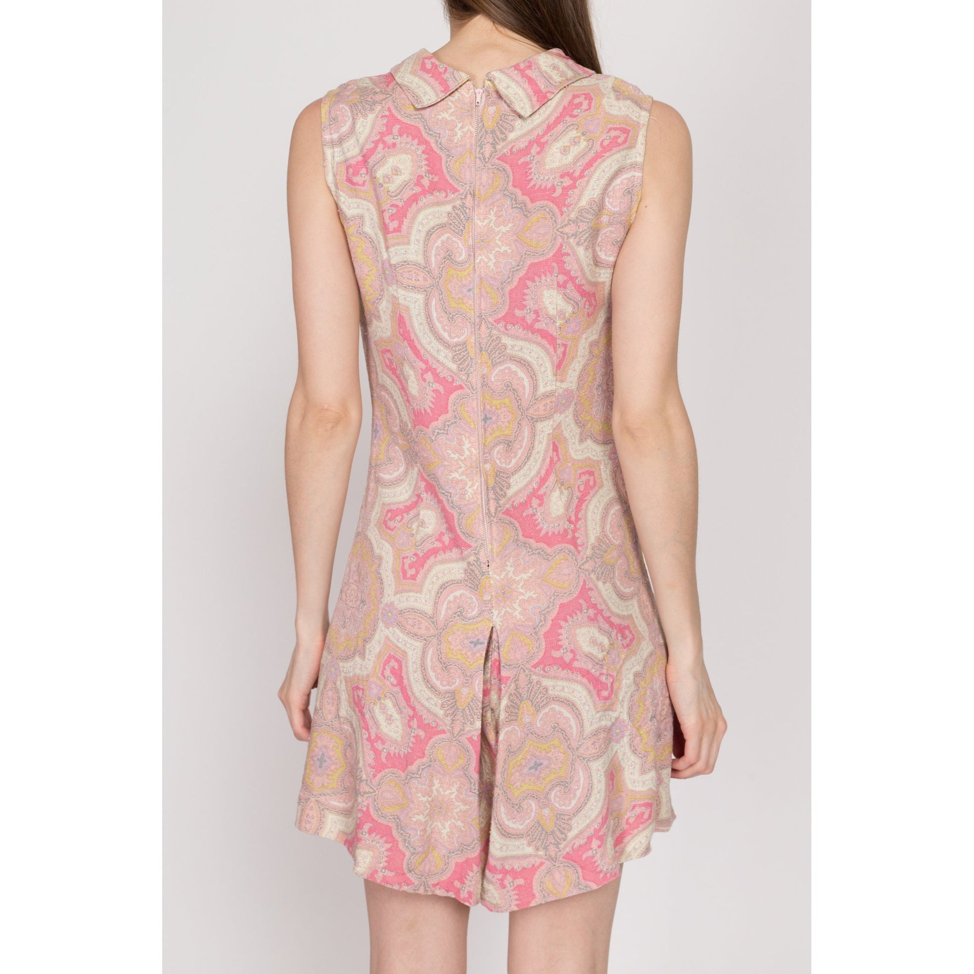 Small 60s Pink Paisley Print Romper | Vintage Woven Foldover Collar Retro Sleeveless Mini Playsuit