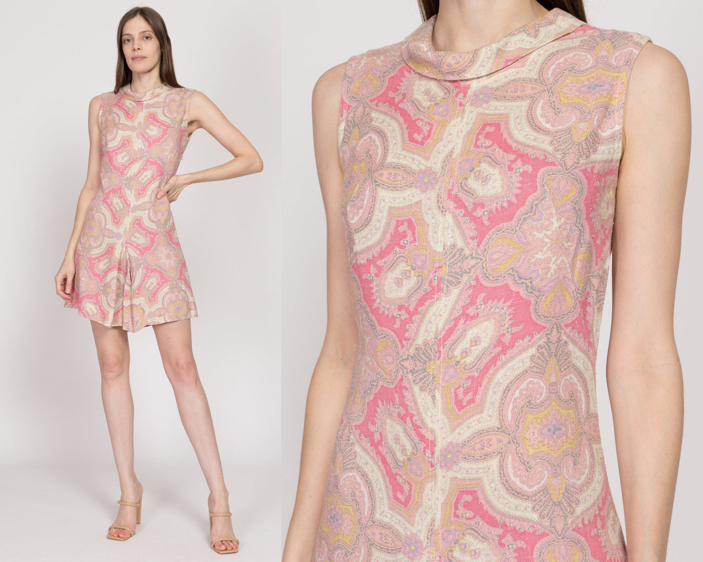 Small 60s Pink Paisley Print Romper | Vintage Woven Foldover Collar Retro Sleeveless Mini Playsuit