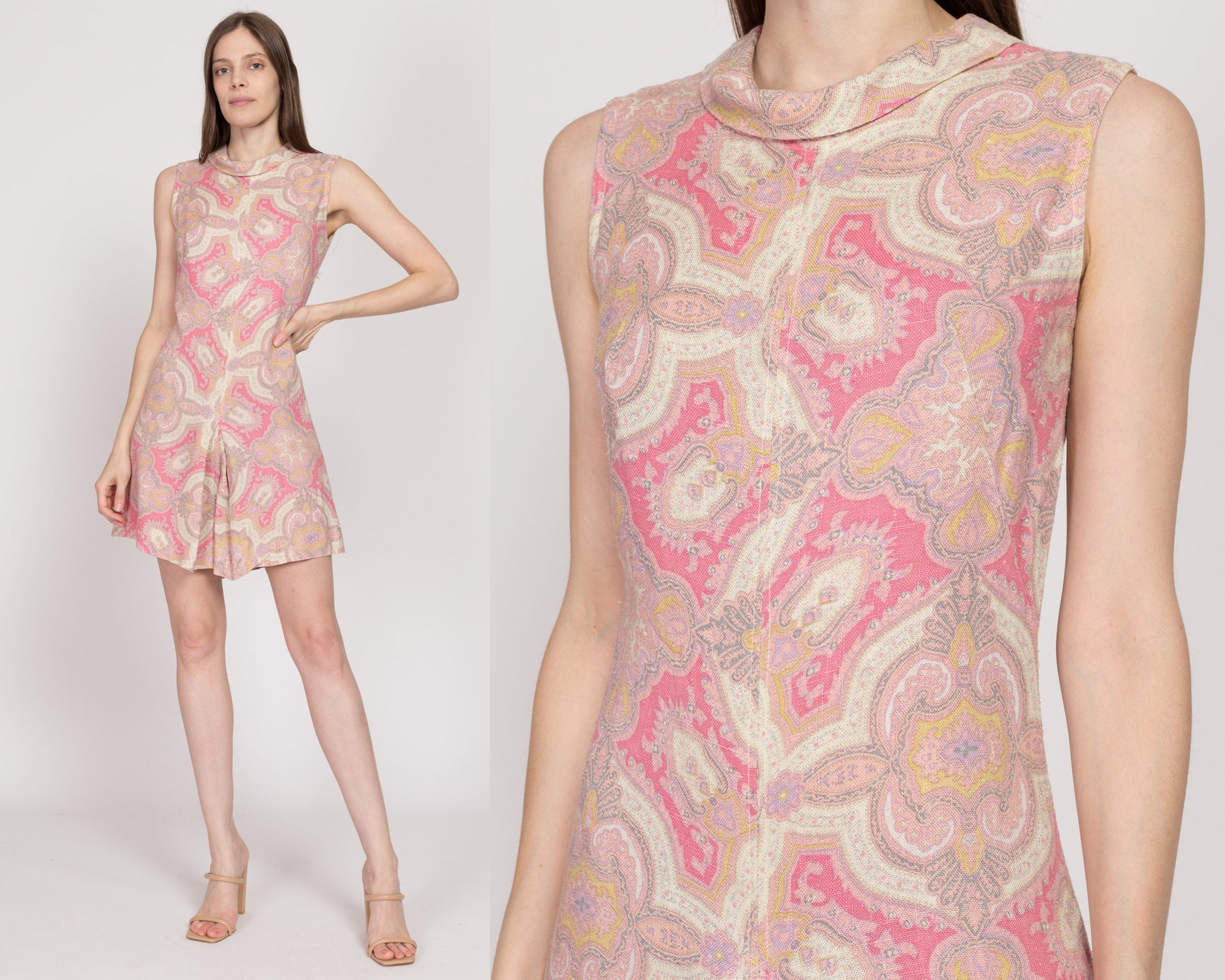Small 60s Pink Paisley Print Romper | Vintage Woven Foldover Collar Retro Sleeveless Mini Playsuit