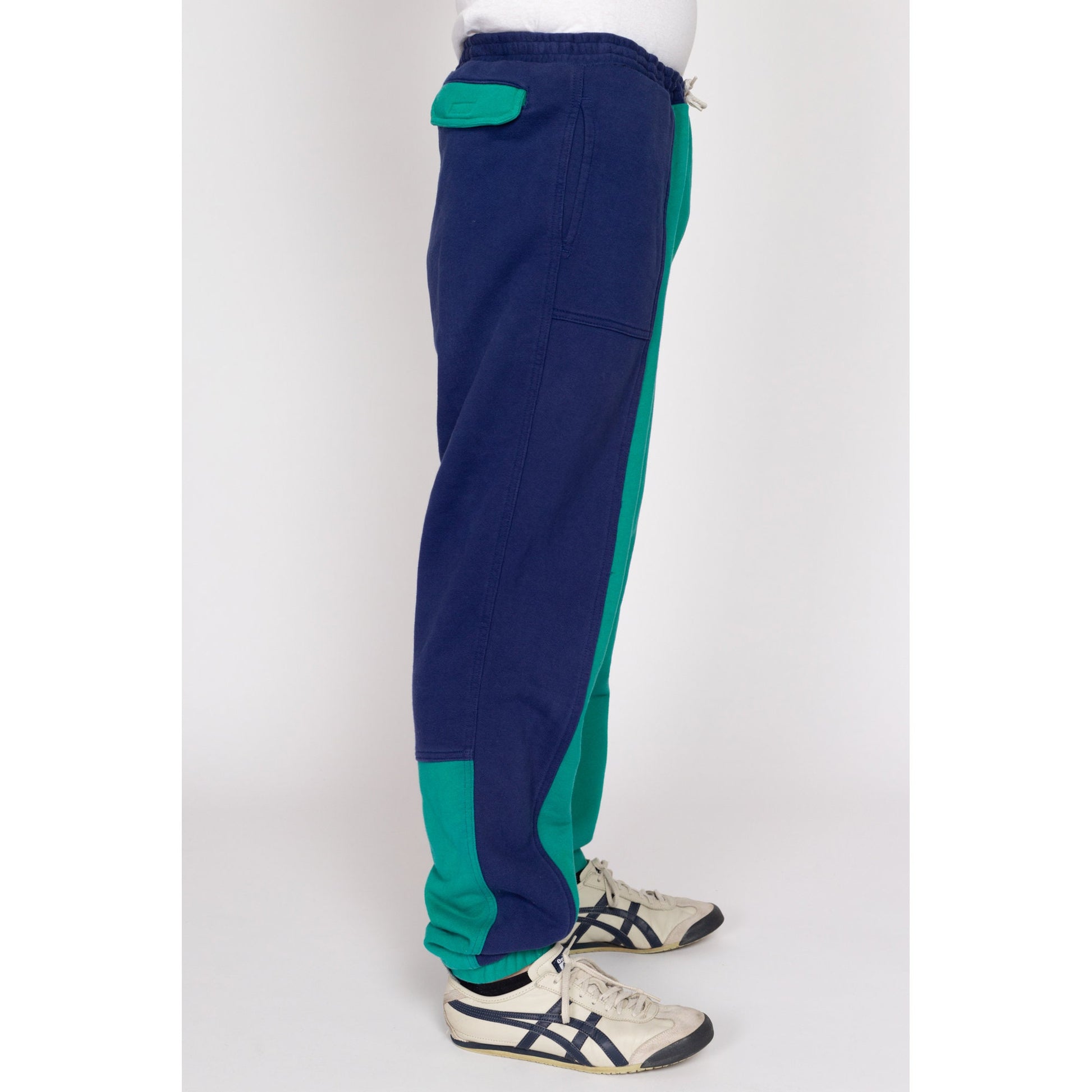 Med-Lrg 80s Izod Lacoste Color Block Sweatpants | Vintage Navy Blue Teal Athletic Wear Joggers Track Pants